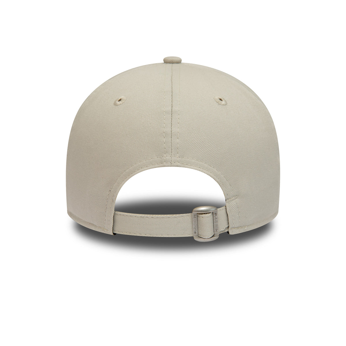 New York Yankees Repreve League Essential Stone New Era 9FORTY Adjustable Cap, rear view showing the curved opening with a fabric strap and metal buckle, set against the smooth stone-coloured panels and matching top button.