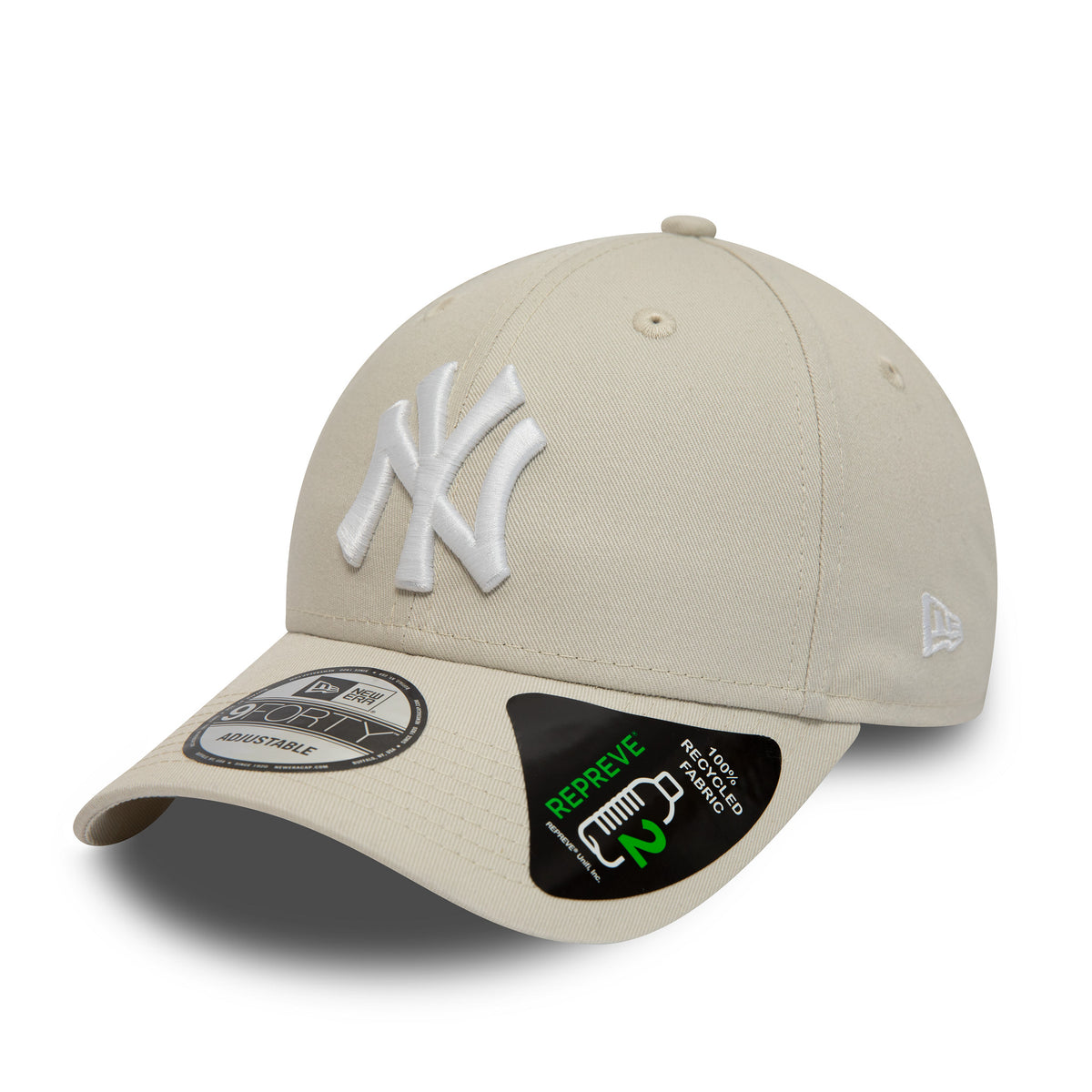 New York Yankees Repreve League Essential Stone New Era 9FORTY Adjustable Cap, three-quarter view showing raised white NY logo on front panel, stone visor with 9FORTY size sticker, and New Era flag logo embroidered on the left side.