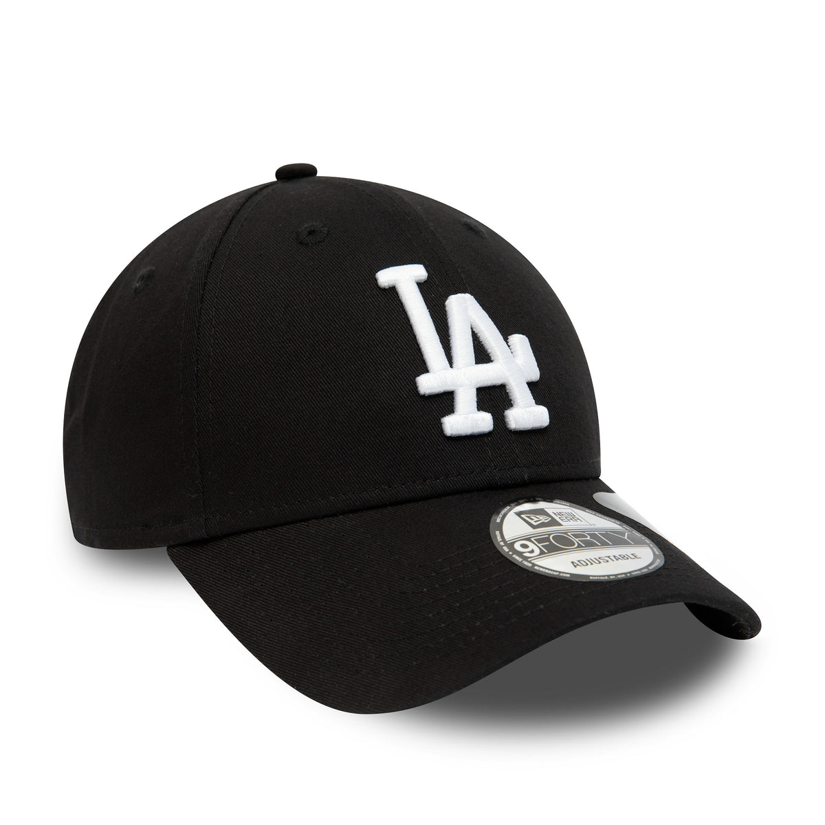 LA Dodgers Repreve League Essential Black New Era 9FORTY Adjustable Cap, front view showing the raised white LA logo on the black crown, curved visor with 9FORTY size sticker, and black top button.