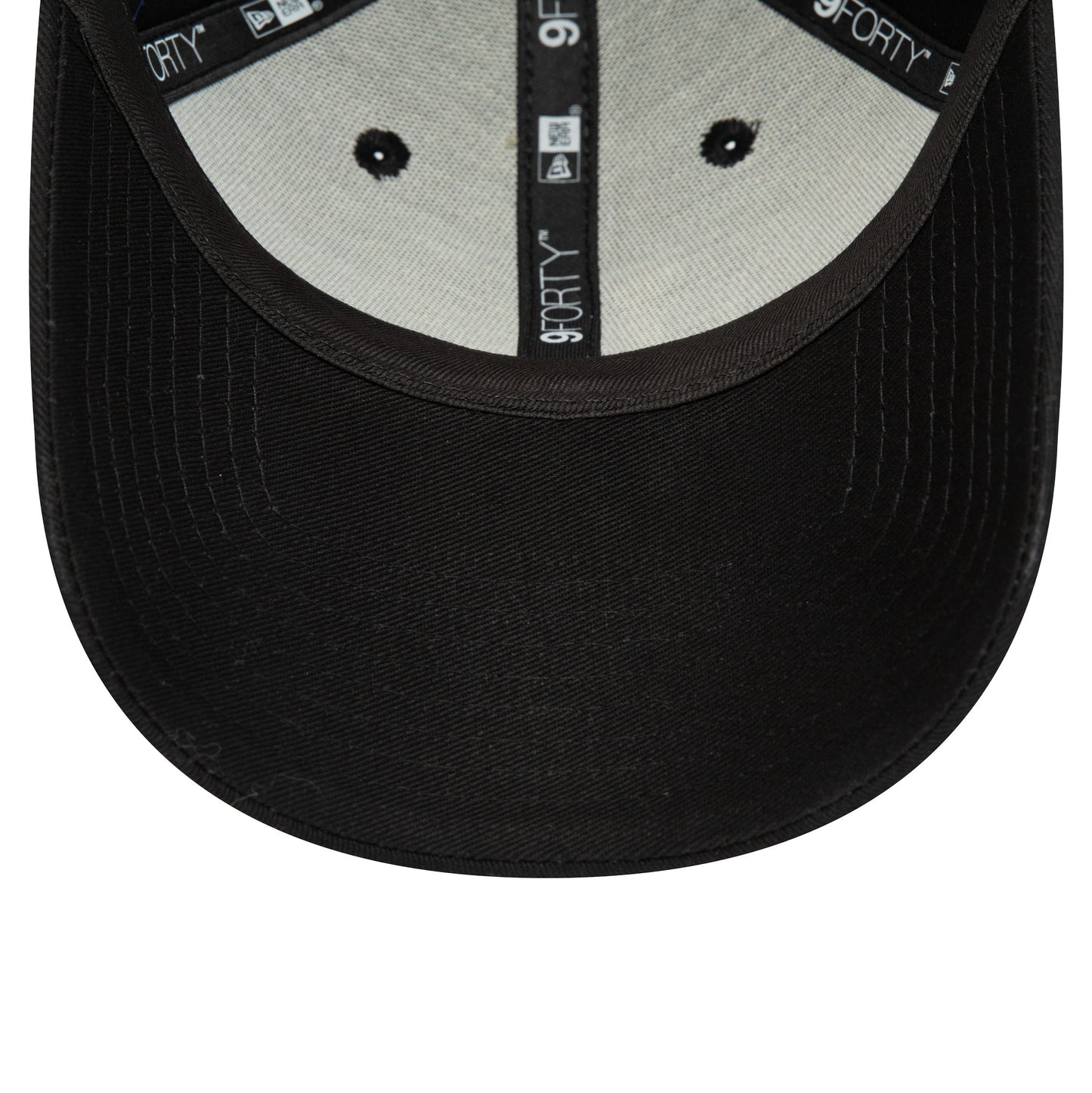 LA Dodgers Repreve League Essential Black New Era 9FORTY Adjustable Cap, inside view showing the grey sweatband, black taping with the 9FORTY logo, and the black undervisor with grey stitching.