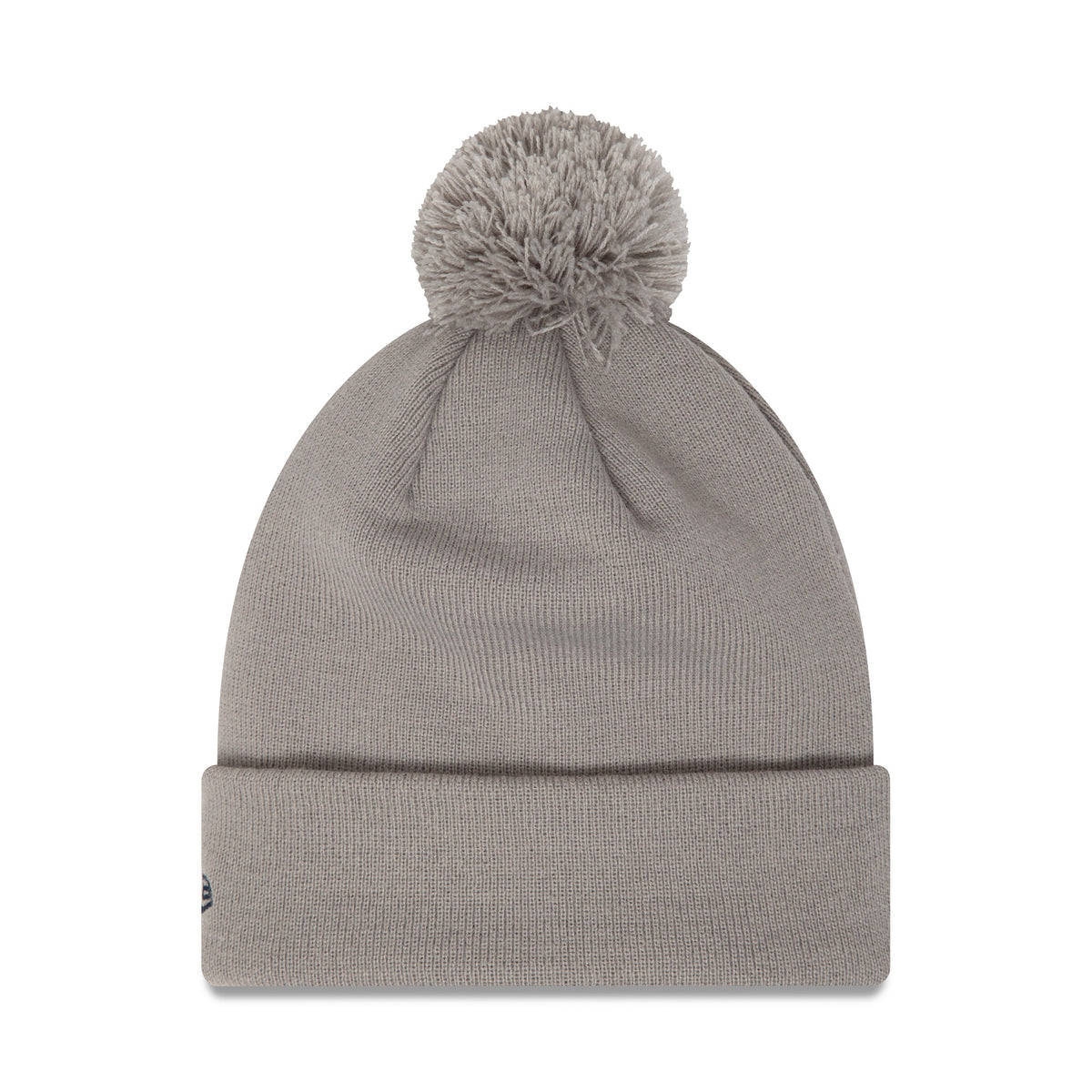 Red Bull Team Grey Bobble Knit Grey Beanie Hat, front view with a large bobble on top, featuring a cuffed design with subtle ribbing and a small embroidered logo on the left side of the cuff.