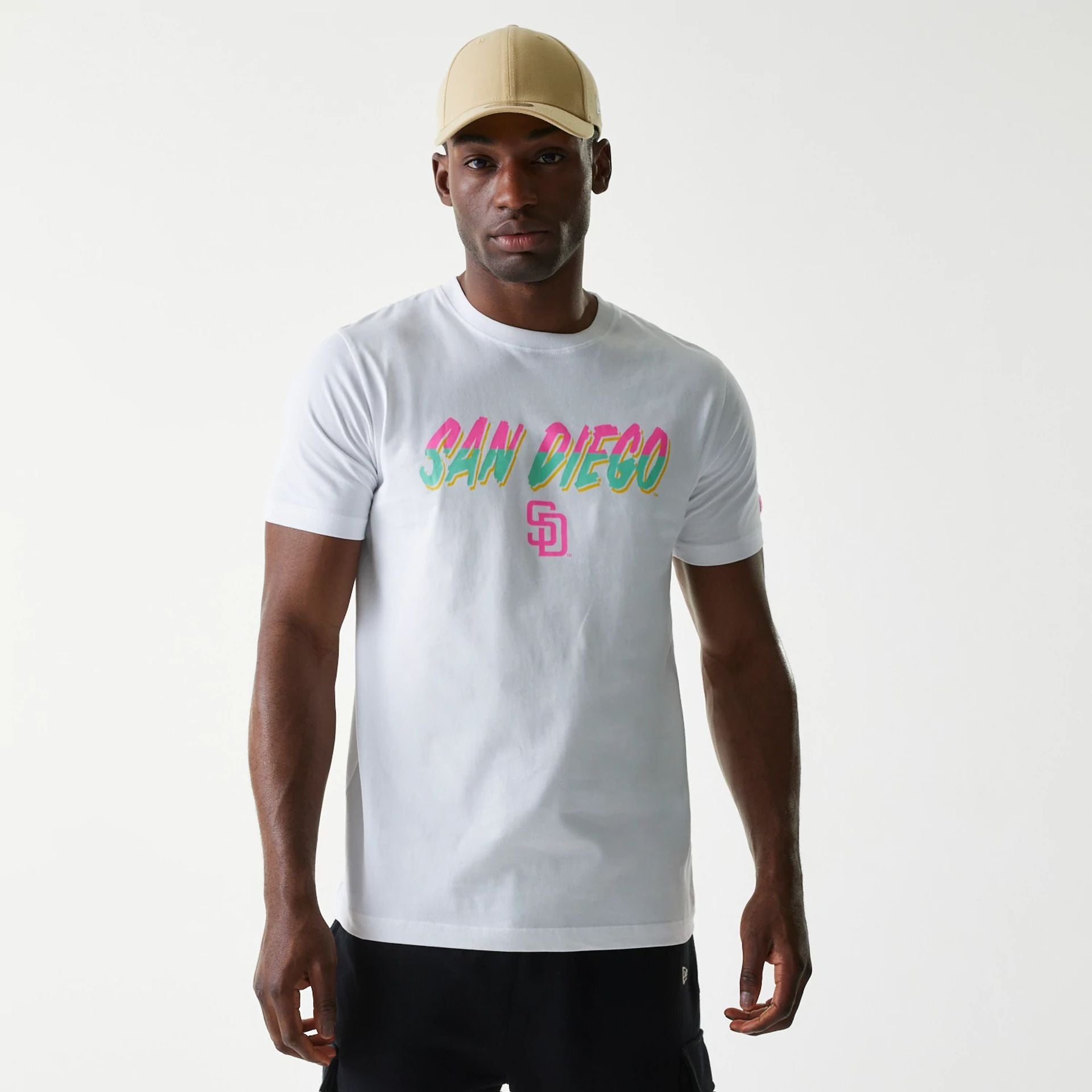 The Male model is wearing San Diego Padres MLB City Connect White T-Shirt 1