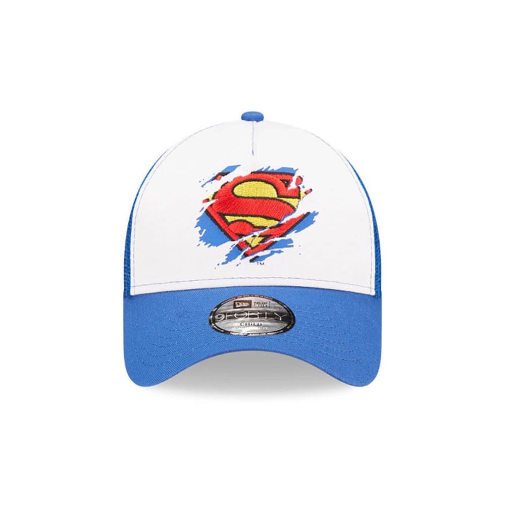 This is a Child DC Superman White 9FORTY A-Frame Trucker Adjustable Cap. 2