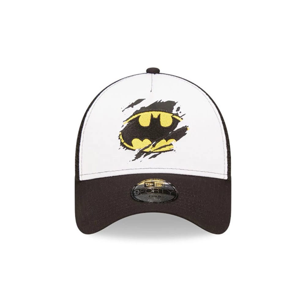 This is a Child DC Batman White 9FORTY A-Frame Trucker Adjustable Cap. 2
