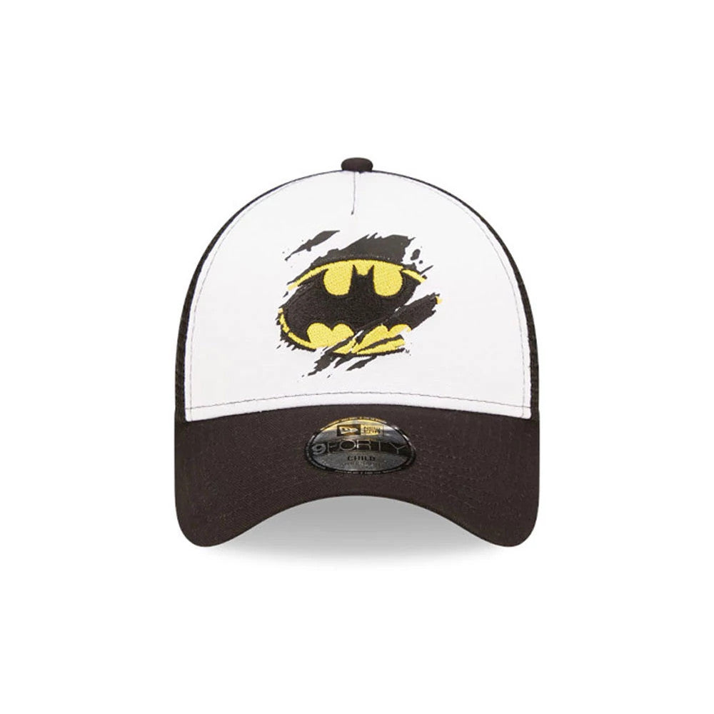 This is a Child DC Batman White 9FORTY A-Frame Trucker Adjustable Cap. 2