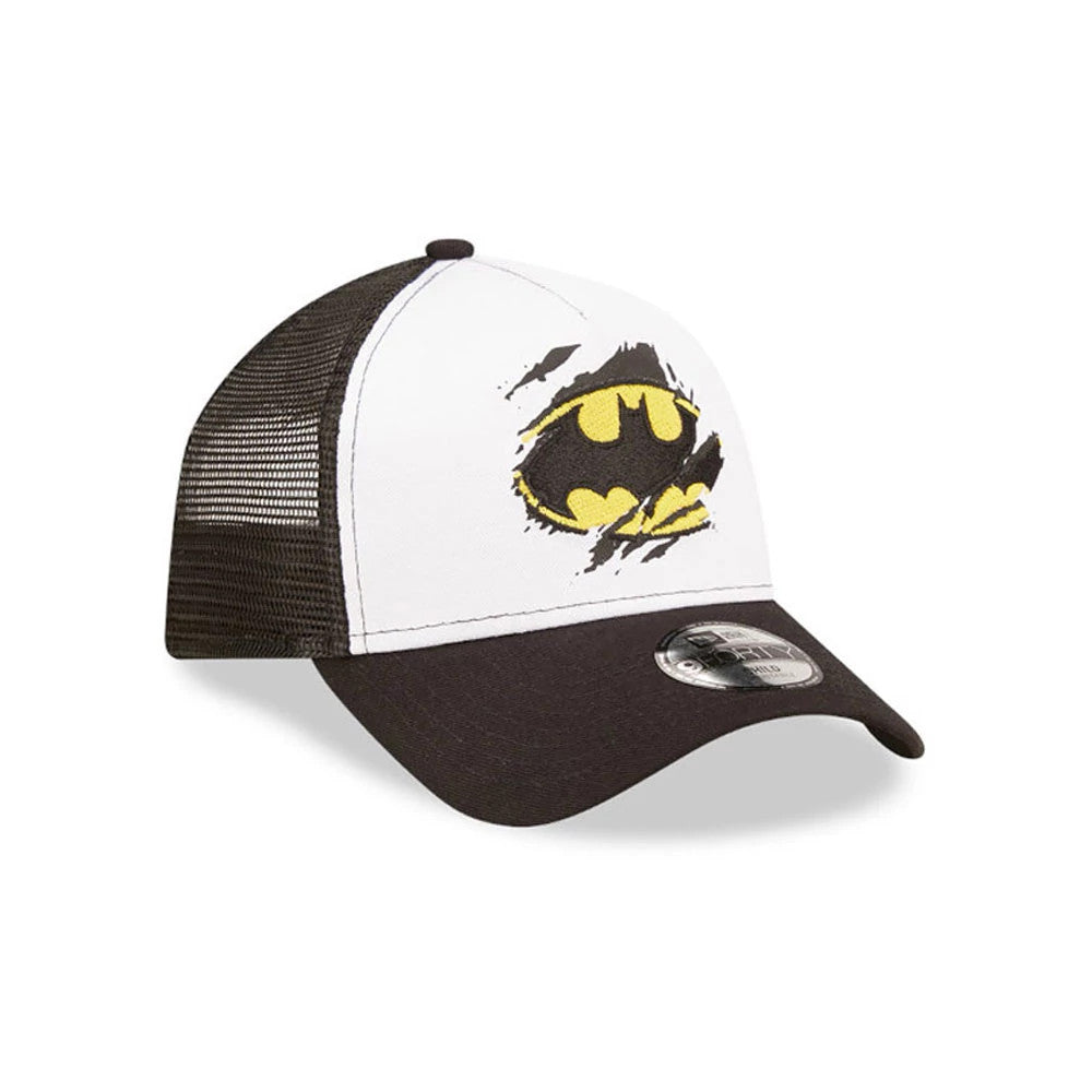 Child DC Batman White New Era 9FORTY A-Frame Trucker Adjustable Cap, three-quarter view showing the black flat embroidered Batman logo on the white front panel, with a black curved visor and 9FORTY size sticker.