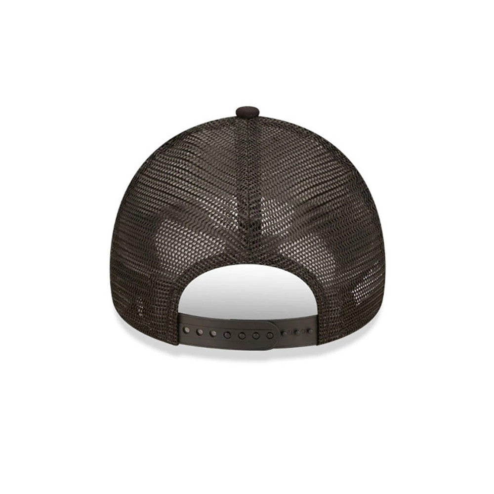Child DC Batman White New Era 9FORTY A-Frame Trucker Adjustable Cap, rear view showing the black mesh back panels and adjustable snap closure, with the black top button centred on the crown.