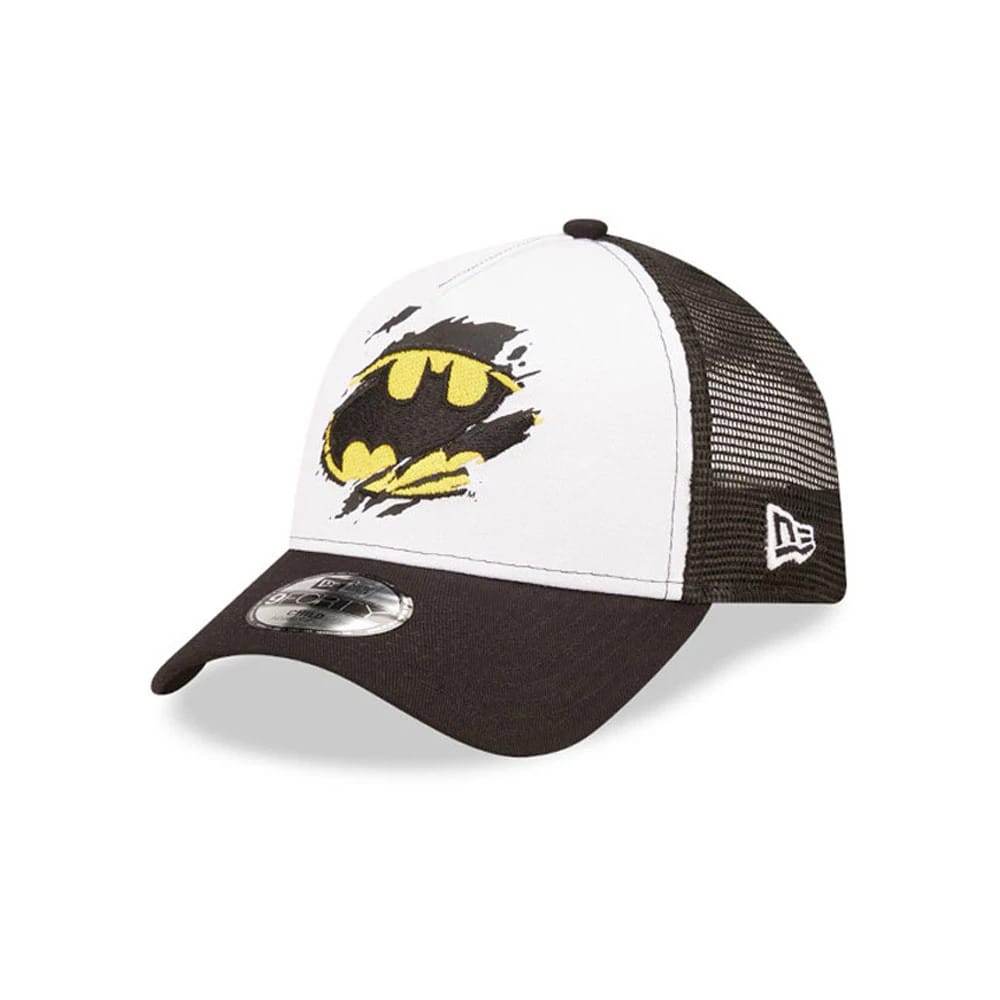 This is a Child DC Batman White 9FORTY A-Frame Trucker Adjustable Cap. 1
