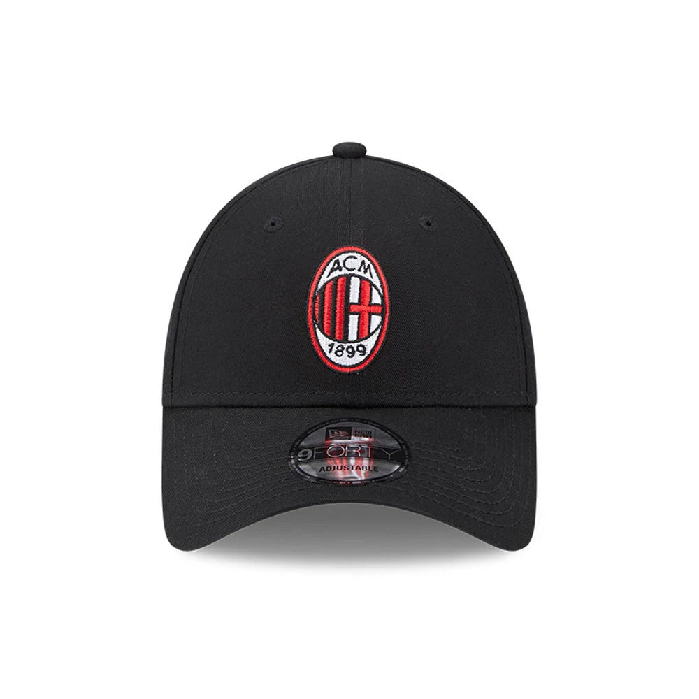 AC Milan Black New Era 9FORTY Adjustable Cap, front view showing the red and white embroidered AC Milan crest on the structured black crown, with a curved visor and 9FORTY size sticker on top.