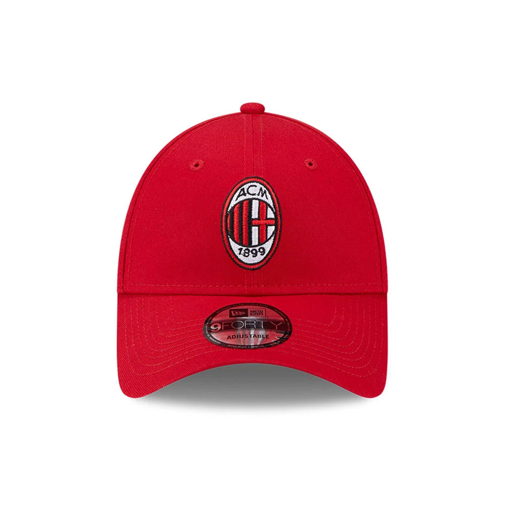 AC Milan Red New Era 9FORTY Adjustable Cap, front view showing the AC Milan crest in raised embroidery on the red front panel, curved visor with a 9FORTY size sticker, and red top button.