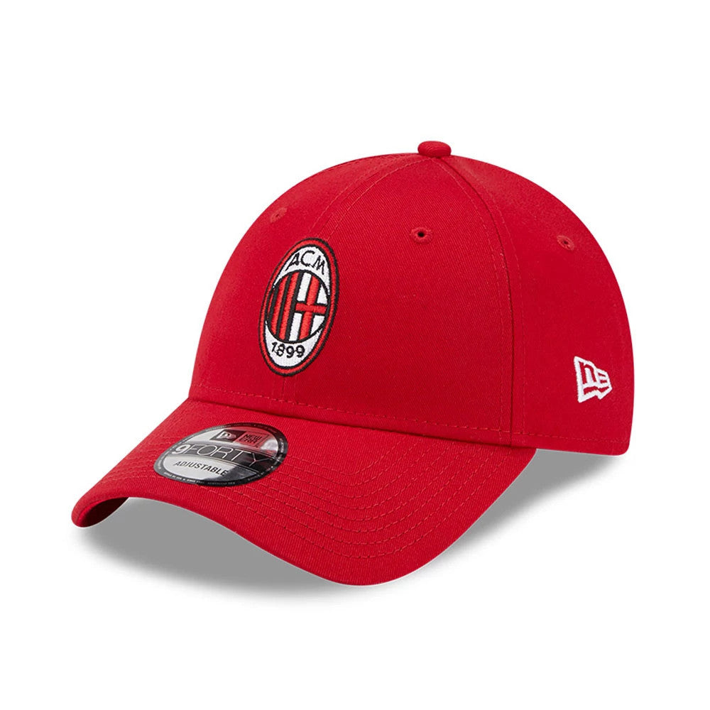 AC Milan Red New Era 9FORTY Adjustable Cap, three-quarter view showing the embroidered AC Milan crest on the front panel, curved red visor with 9FORTY size sticker, and white New Era flag logo on the left side.