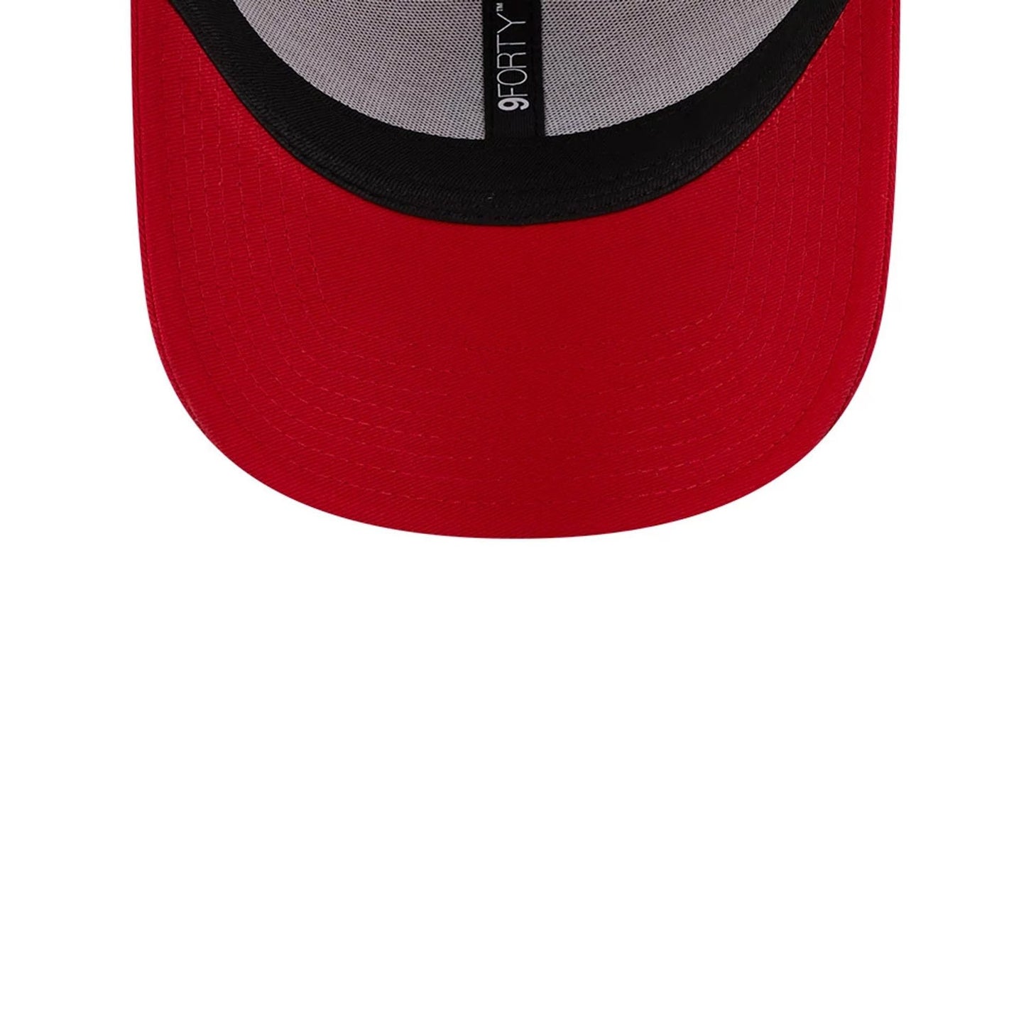 AC Milan Red New Era 9FORTY Adjustable Cap, inside view showing the black sweatband, with grey taping featuring the 9FORTY logo running across the top, paired with the red underside of the visor.