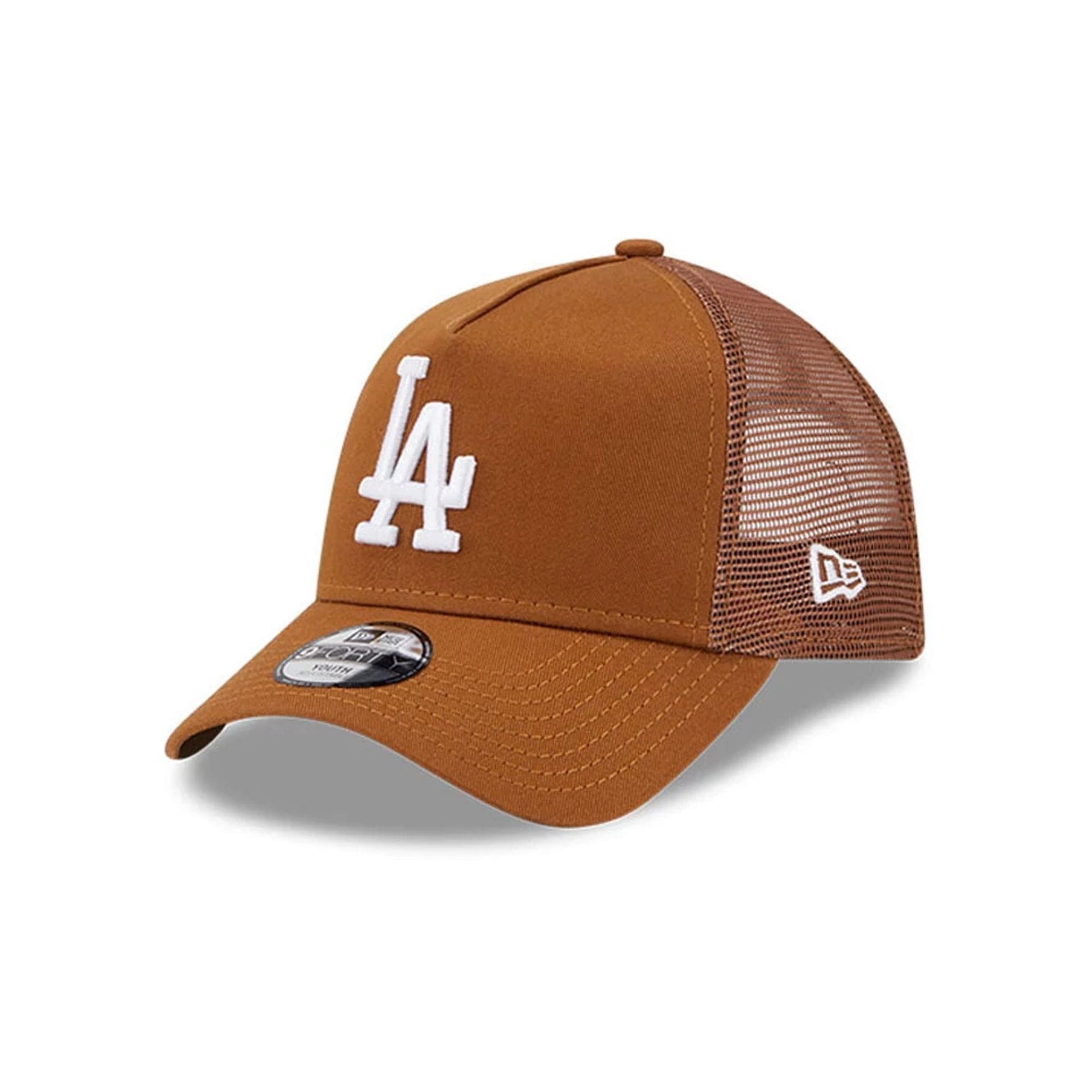 This is a Youth MLB League Essential LA Dodgers Brown 9FORTY Trucker Cap 1