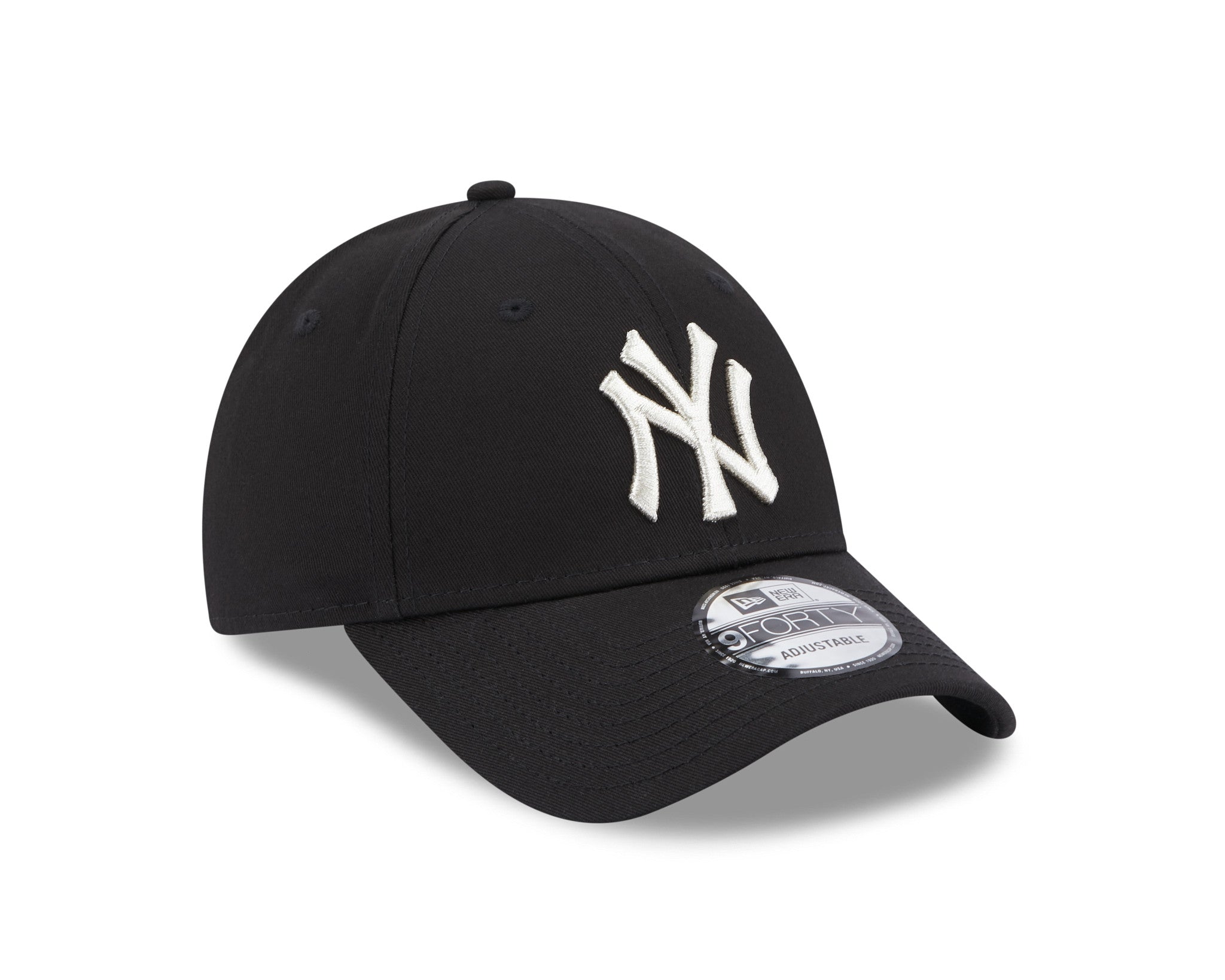 New York Yankees Metallic Logo Womens Black New Era 9FORTY Adjustable Cap, three-quarter view showing the raised metallic NY logo in white on the front panel, with a curved visor and 9FORTY size sticker on top.
