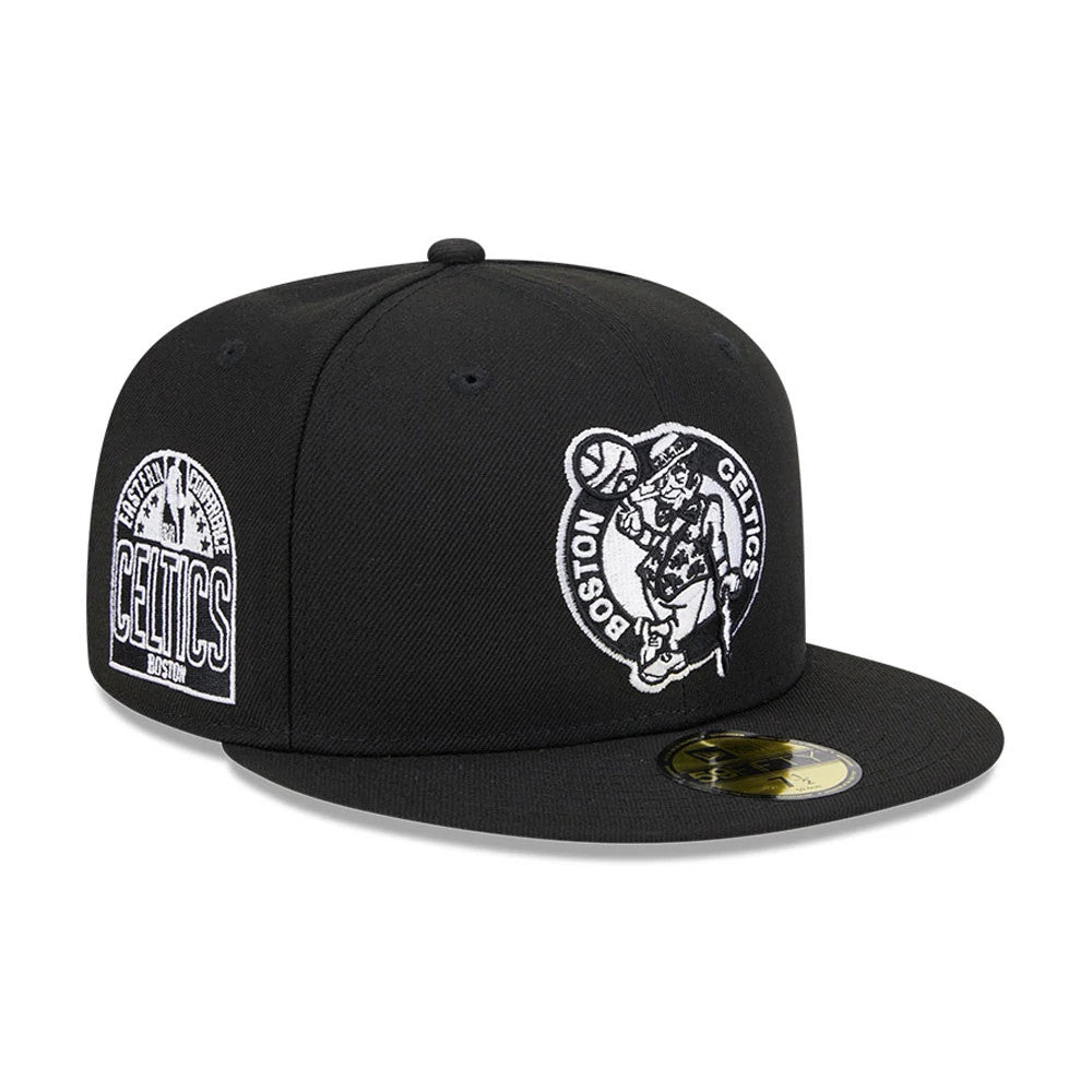 Boston Celtics NBA Evergreen Black New Era 59FIFTY Fitted Cap, front view showing a raised white embroidered Celtics logo on the front panel, a secondary white team patch on the side, and a gold 59FIFTY size sticker on the visor.
