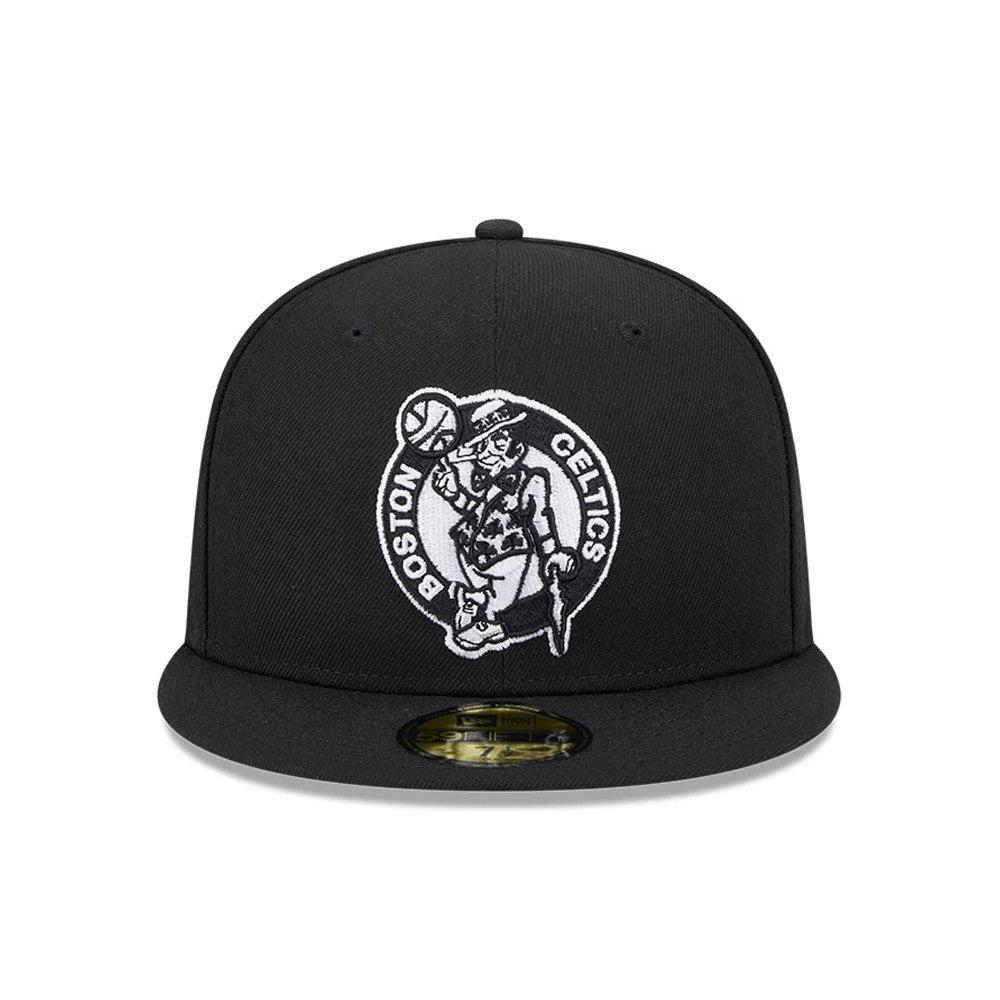 Boston Celtics NBA Evergreen Black New Era 59FIFTY Fitted Cap, front view showing the white raised embroidered Celtics logo on the structured black crown, with a gold 59FIFTY size sticker on the flat black visor.