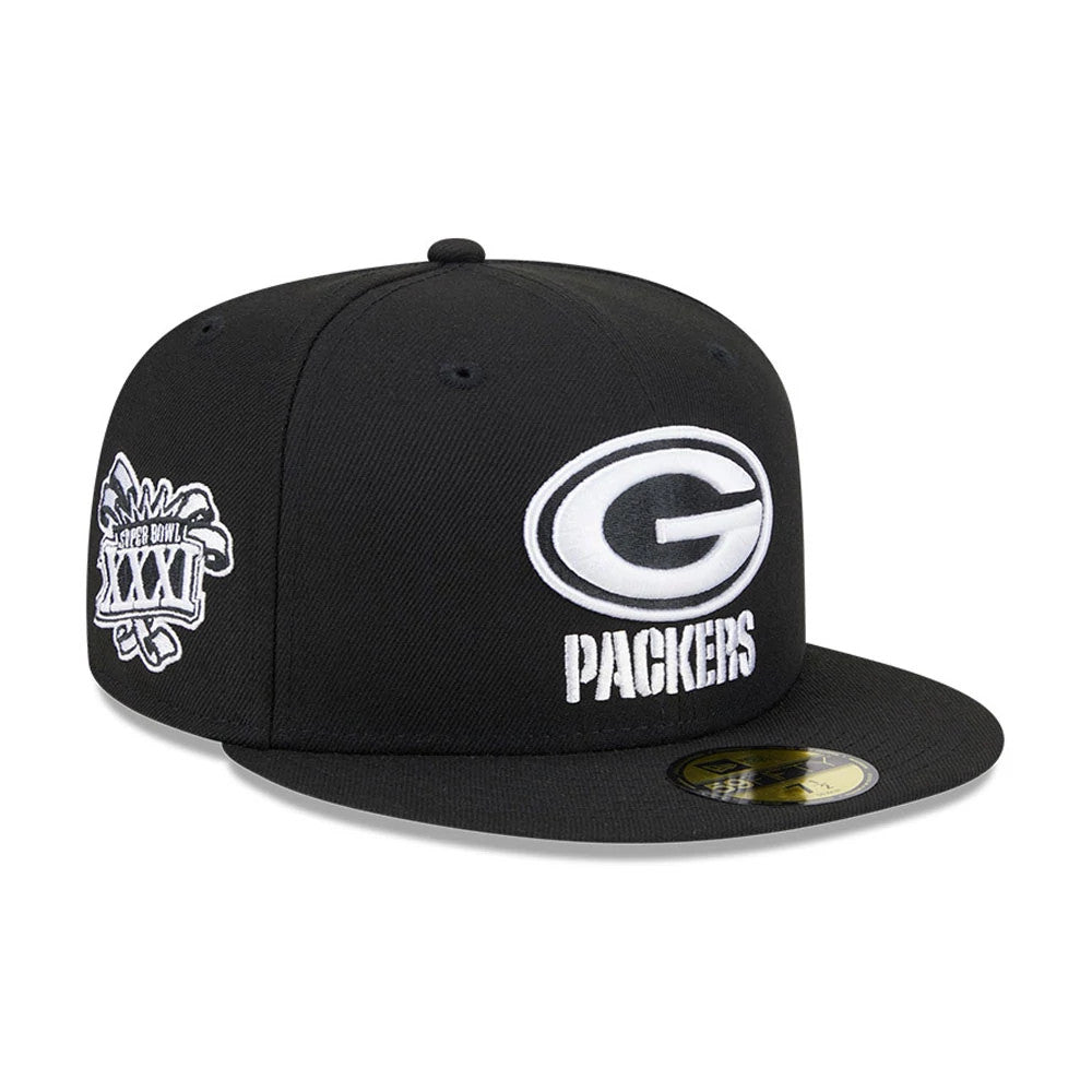 Pictured is this NFL Evergreen Green Bay Packers 59FIFTY Fitted cap in black. 1