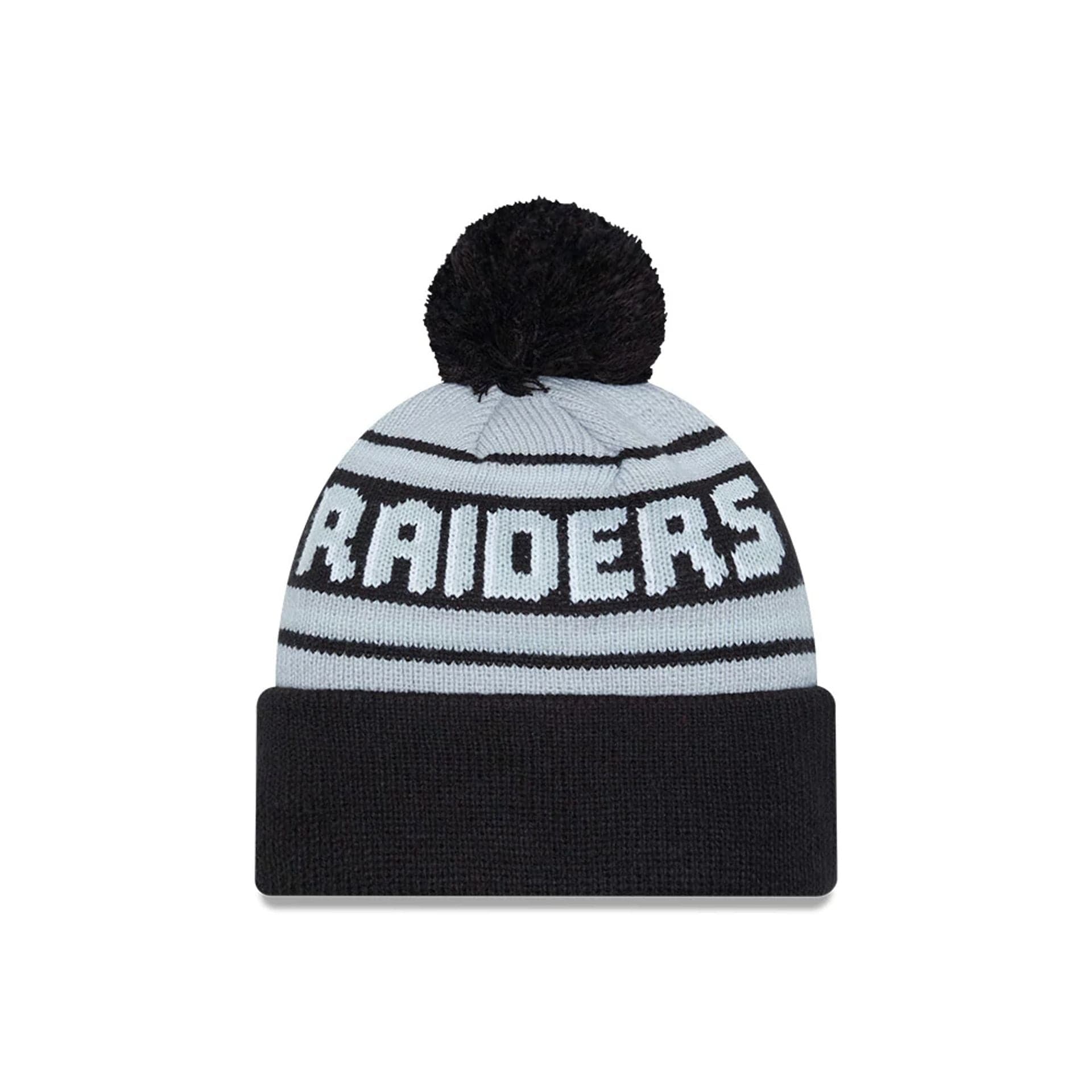 This is a Las Vegas Raiders NFL Pom Wordmark Black Bobble Knit Beanie Hat 2