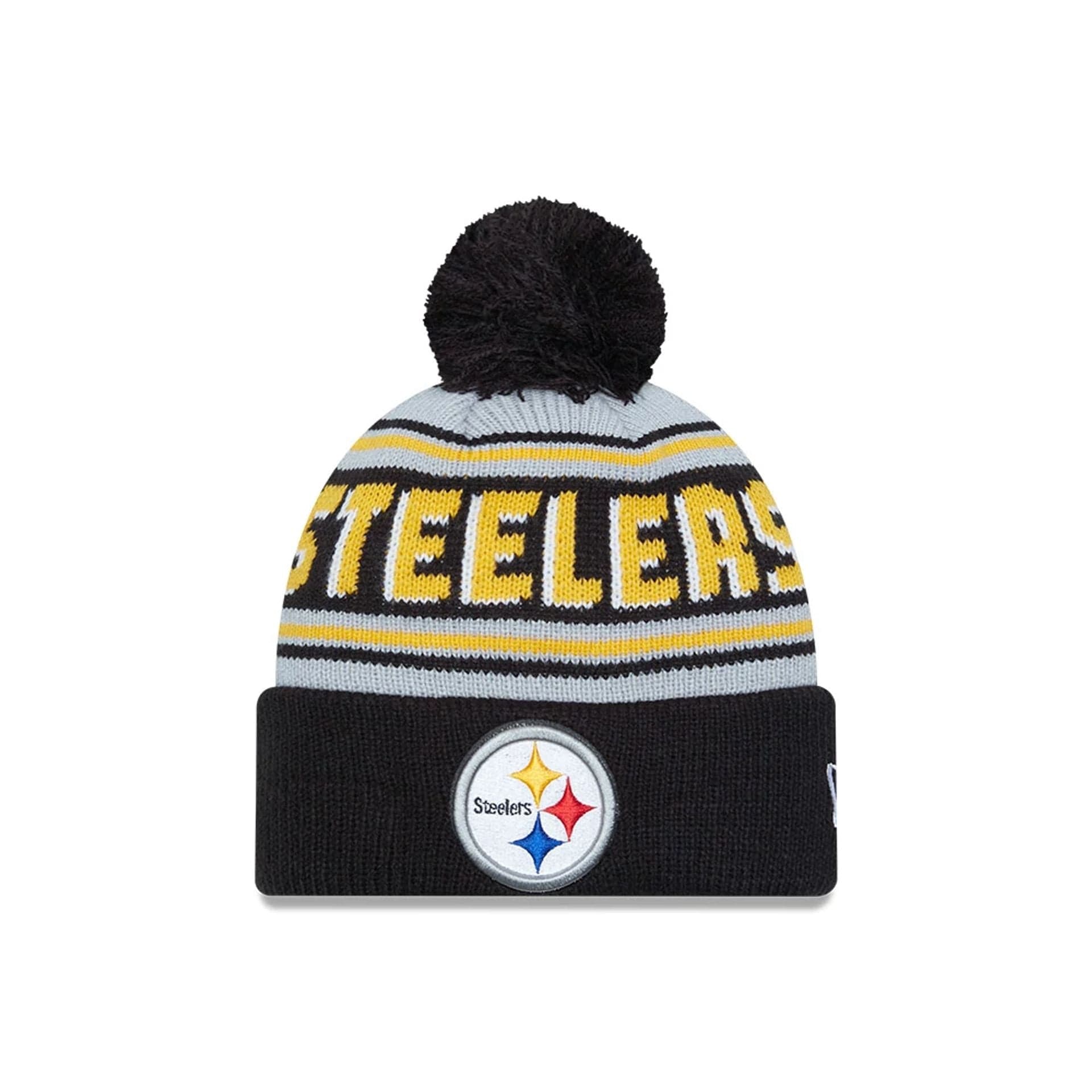 This is a Pittsburgh Steelers NFL Pom Wordmark Black Bobble Knit Beanie Hat 1