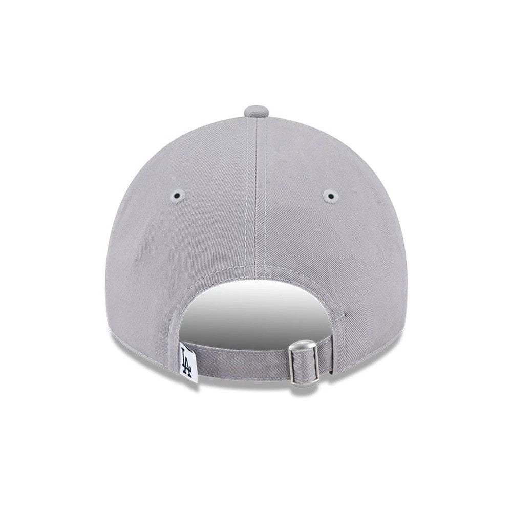 LA Dodgers MLB Evergreen Grey New Era 9TWENTY Adjustable Cap, rear view showing the LA logo tag above the adjustable strap, with grey eyelets and top button on the unstructured crown.
