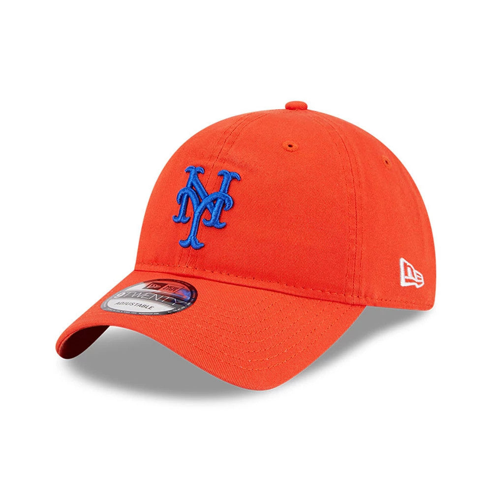 New York Mets MLB Evergreen Orange New Era 9TWENTY Adjustable Cap, front view with raised blue Mets logo on the orange crown, white New Era flag logo on the left side, and 9TWENTY size sticker centred on the curved visor.