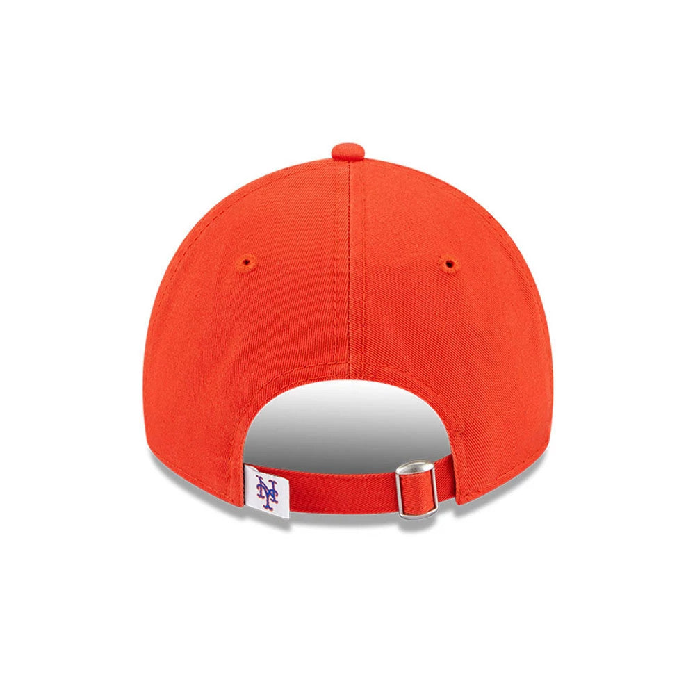 New York Mets MLB Evergreen Orange New Era 9TWENTY Adjustable Cap, rear view showing a white embroidered Mets logo on the adjustable strap, centred on the vibrant orange crown with a metal buckle.