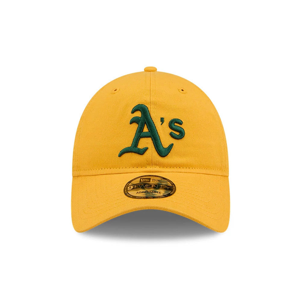 Athletics MLB Evergreen Dark Yellow New Era 9TWENTY Adjustable Cap, front view showing the green embroidered A's logo on the crown, with a curved visor featuring a gold 9TWENTY size sticker.