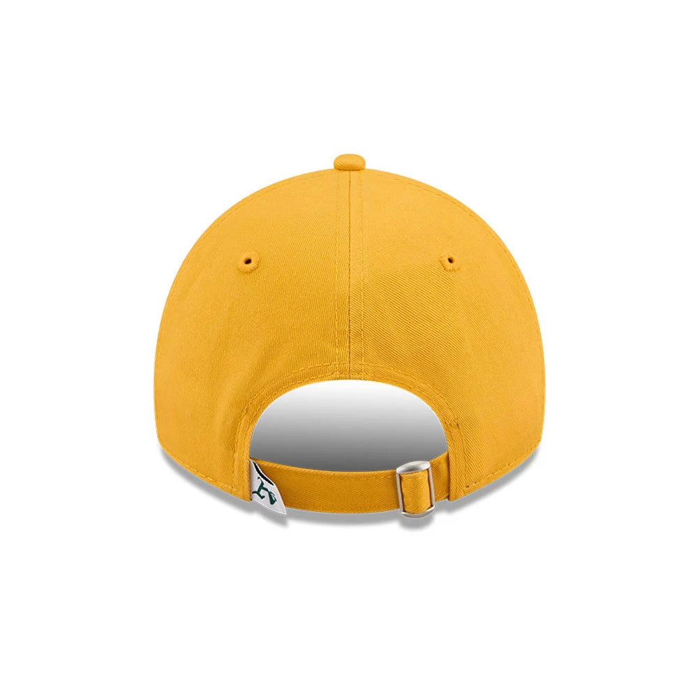 Athletics MLB Evergreen Dark Yellow New Era 9TWENTY Adjustable Cap, rear view showing the dark yellow fabric strap with metal buckle and the Athletics logo loop label on the left side above the opening.
