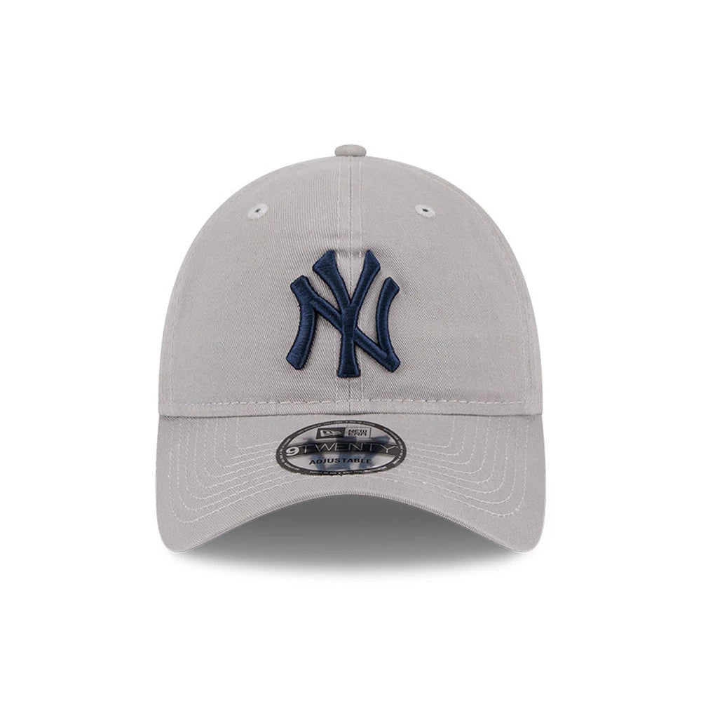 New York Yankees MLB Evergreen Grey New Era 9TWENTY Adjustable Cap, front view showing the raised navy NY logo on the central grey crown panel, with matching grey stitching, and a 9TWENTY size sticker on the curved visor.