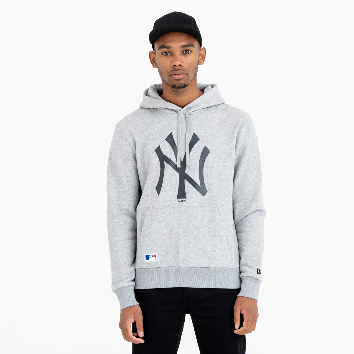 New York Yankees MLB Regular Grey Pullover Hoodie, front view showing a large black New York Yankees logo centred on the chest, with an MLB logo patch on the lower front and a raised New Era logo on the left sleeve cuff.