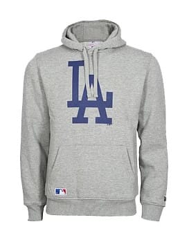 LA Dodgers MLB Regular Grey Pullover Hoodie, front view showing the large navy LA Dodgers logo printed on the chest, drawstrings hanging from the hood, a front pocket, and a small MLB logo patch at the lower left hem.