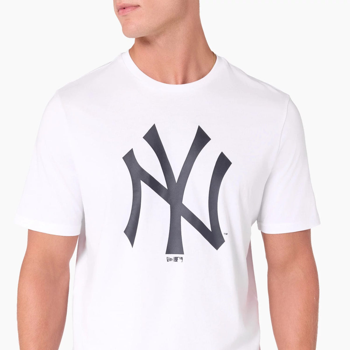New Era New York Yankees MLB White T-Shirt, front view showing a large black NY logo printed in the centre of the chest on a plain white background, with a crew neckline and short sleeves.