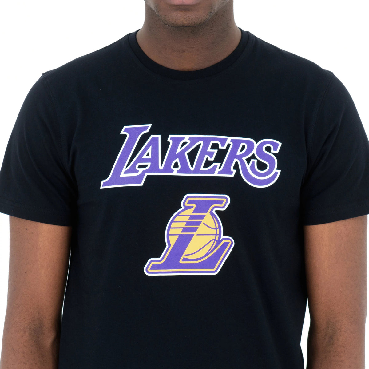 LA Lakers NBA Regular Black T-Shirt, front view showing the purple and gold Lakers logo with a stylised 'L' and basketball graphic centred on the chest, set on a plain black background.