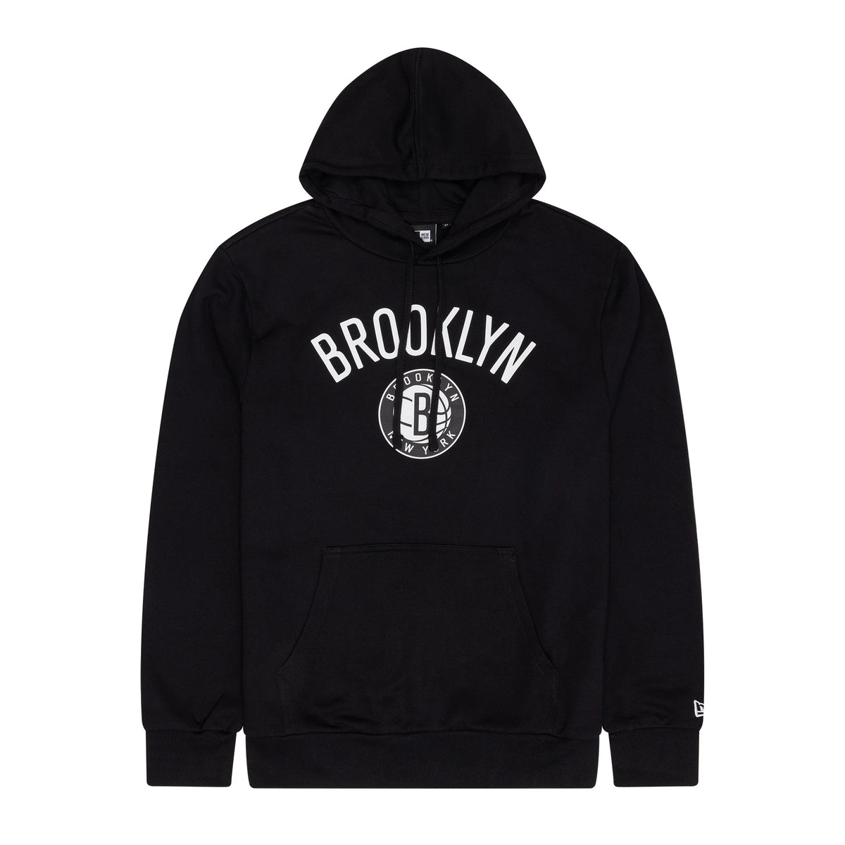 Brooklyn Nets NBA Regular Black Pullover Hoodie, front view showing the black hoodie with "BROOKLYN" lettering and Brooklyn Nets logo on the chest, a large front pocket, and a raised New Era logo on the left sleeve cuff.