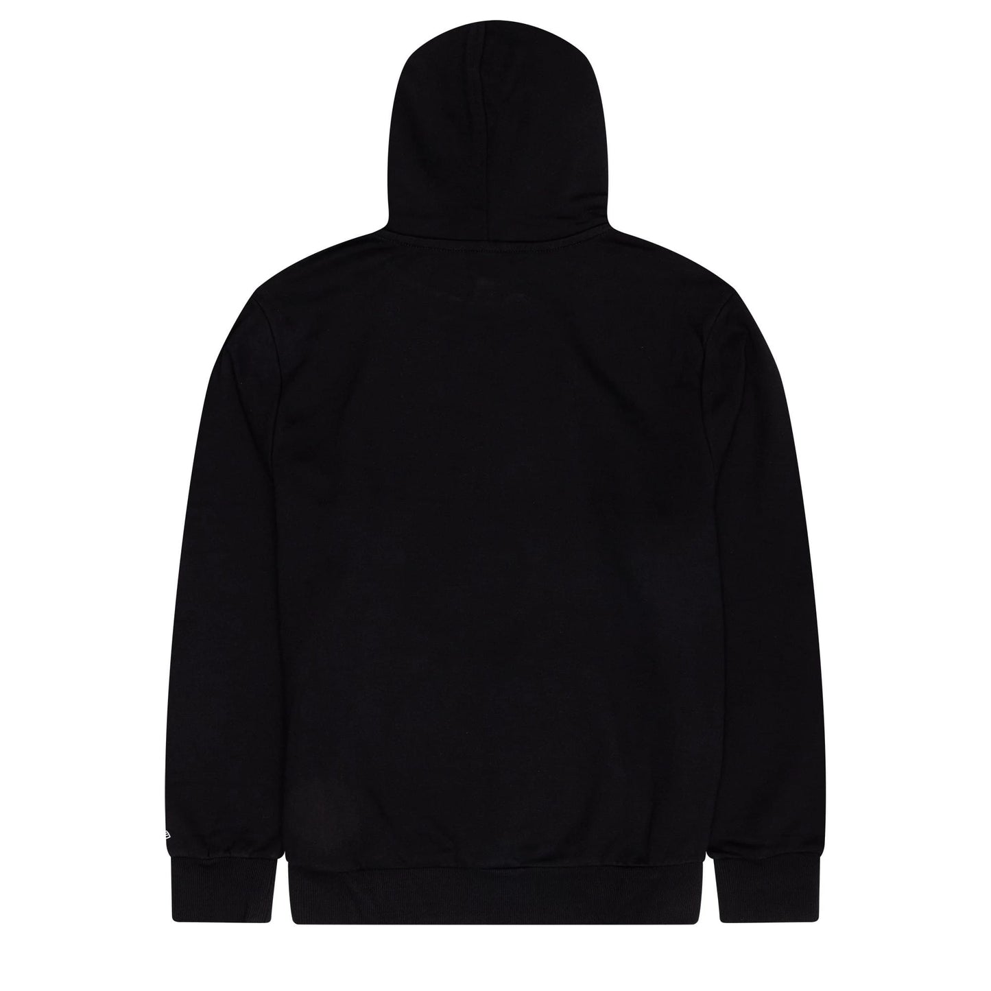 Brooklyn Nets NBA Regular Black Pullover Hoodie, rear view showing the plain black hood and back with a small raised New Era logo on the left cuff, a comfortable fit with ribbed hem and cuffs.