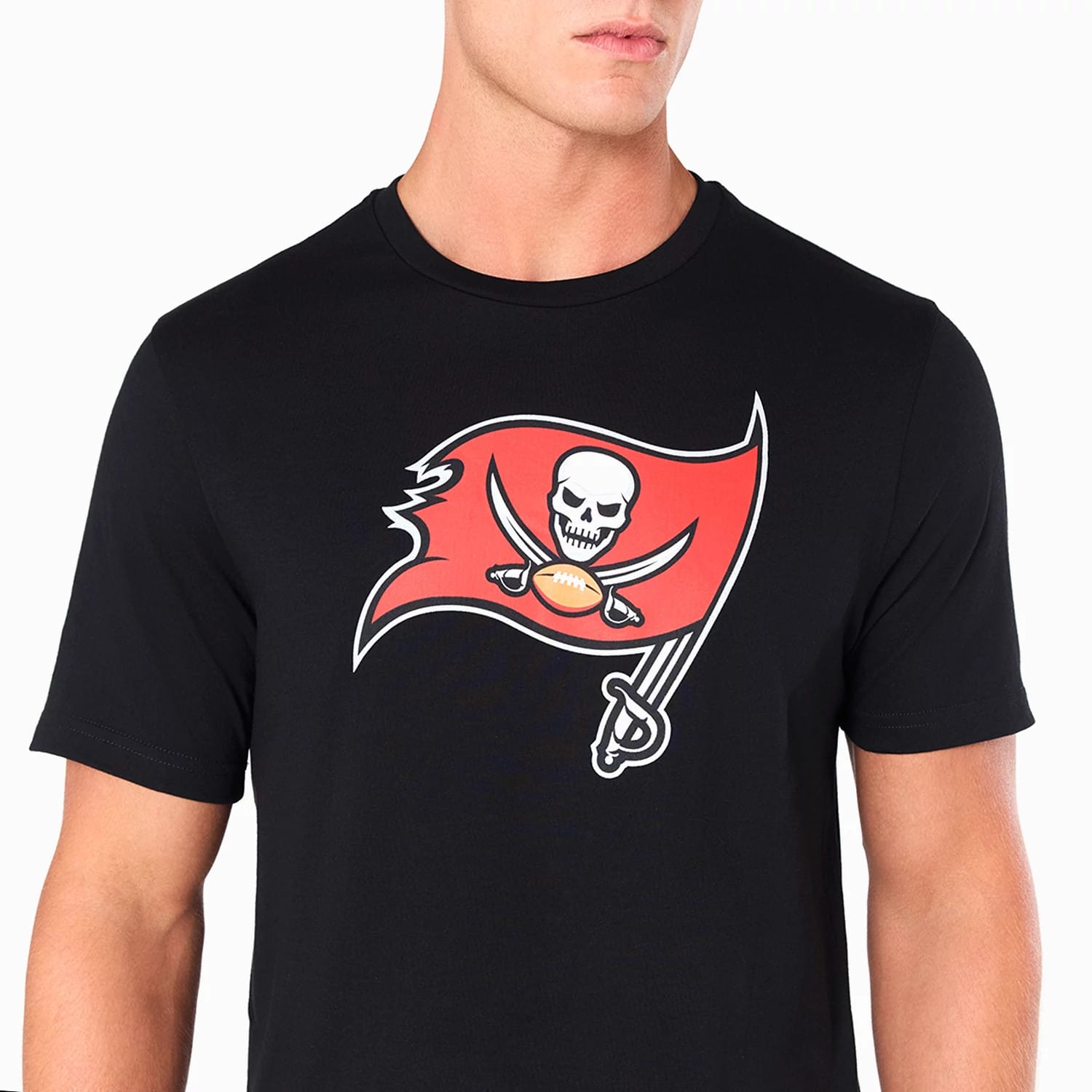 New Era Tampa Bay Buccaneers NFL Black T-Shirt, front view showing a large printed Buccaneers flag logo in red and white centred on the chest of the plain black shirt with short sleeves.