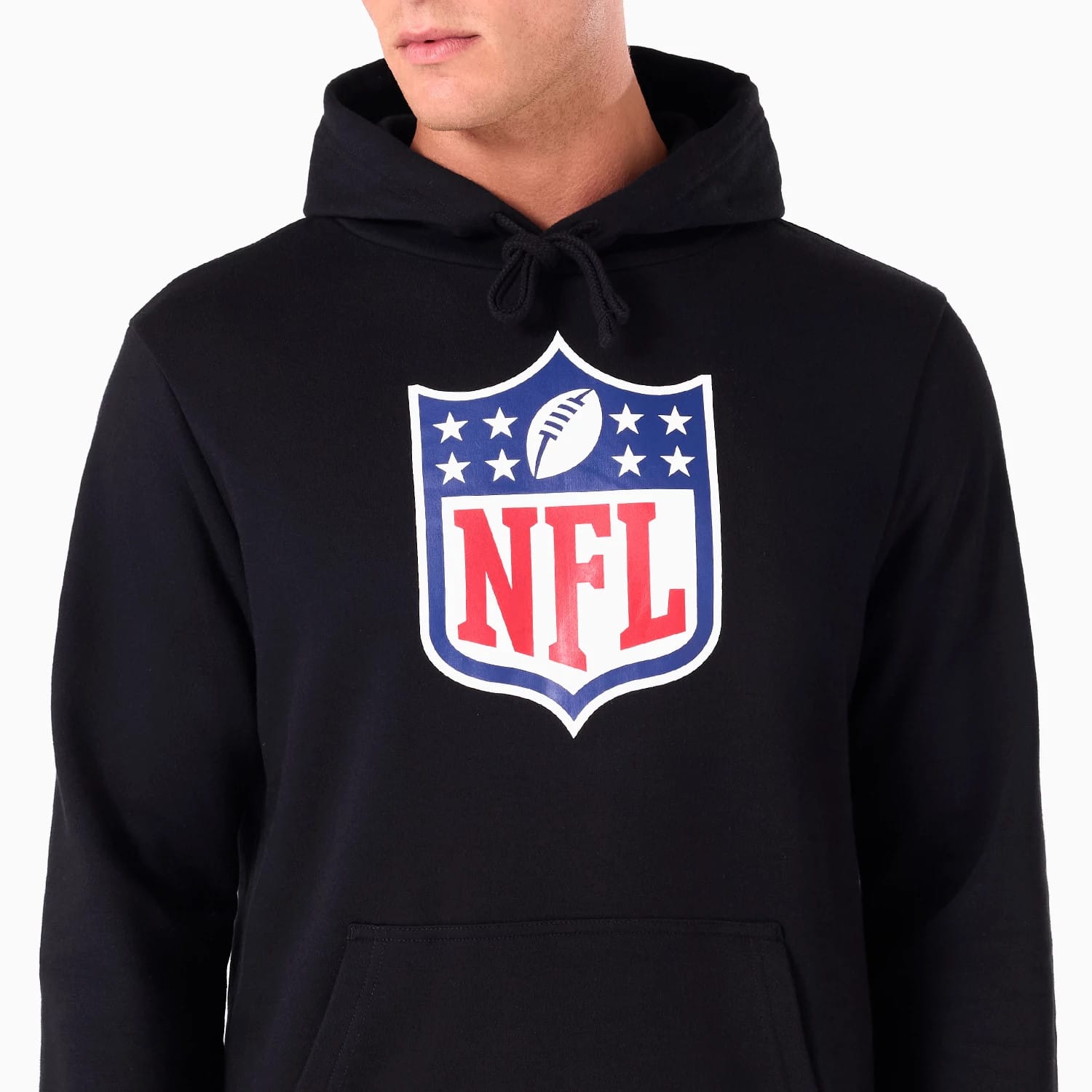 New Era NFL Shield Logo NFL Black Pullover Hoodie, front view showing a large NFL shield logo in white, red, and blue printed on the chest, with a drawstring hood and a kangaroo pocket below the logo.