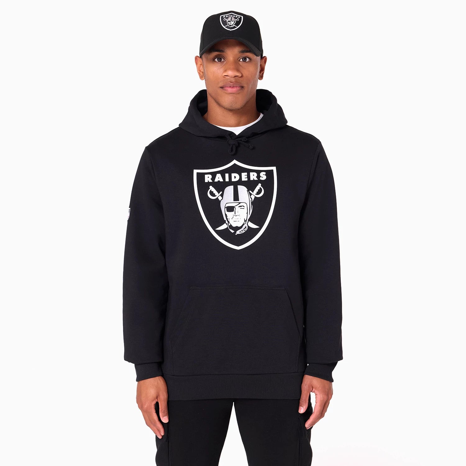 The Male model is wearing Las Vegas Raiders NFL Black Pullover Hoodie 1
