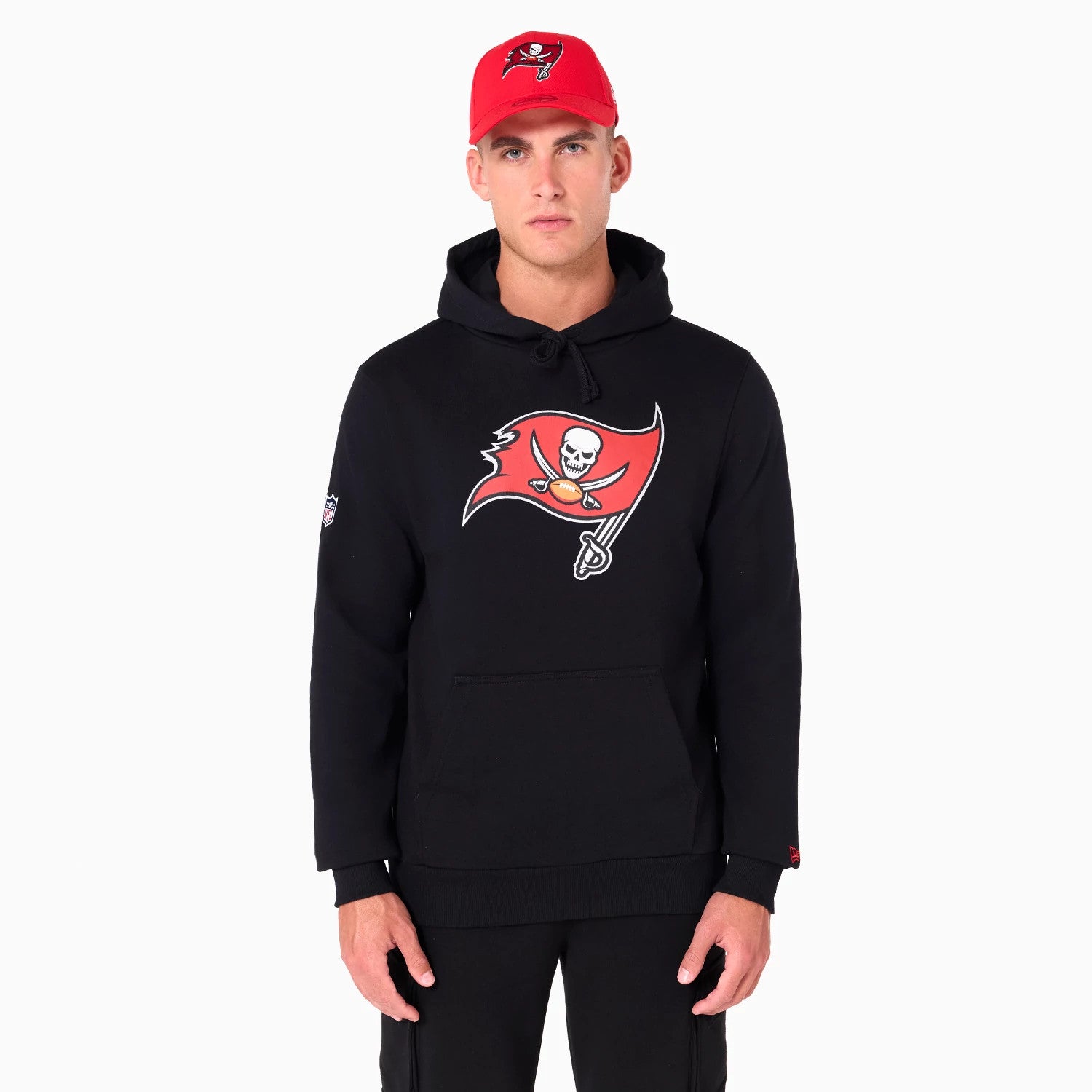 The Male model is wearing Tampa Bay Buccaneers NFL Black Pullover Hoodie 1