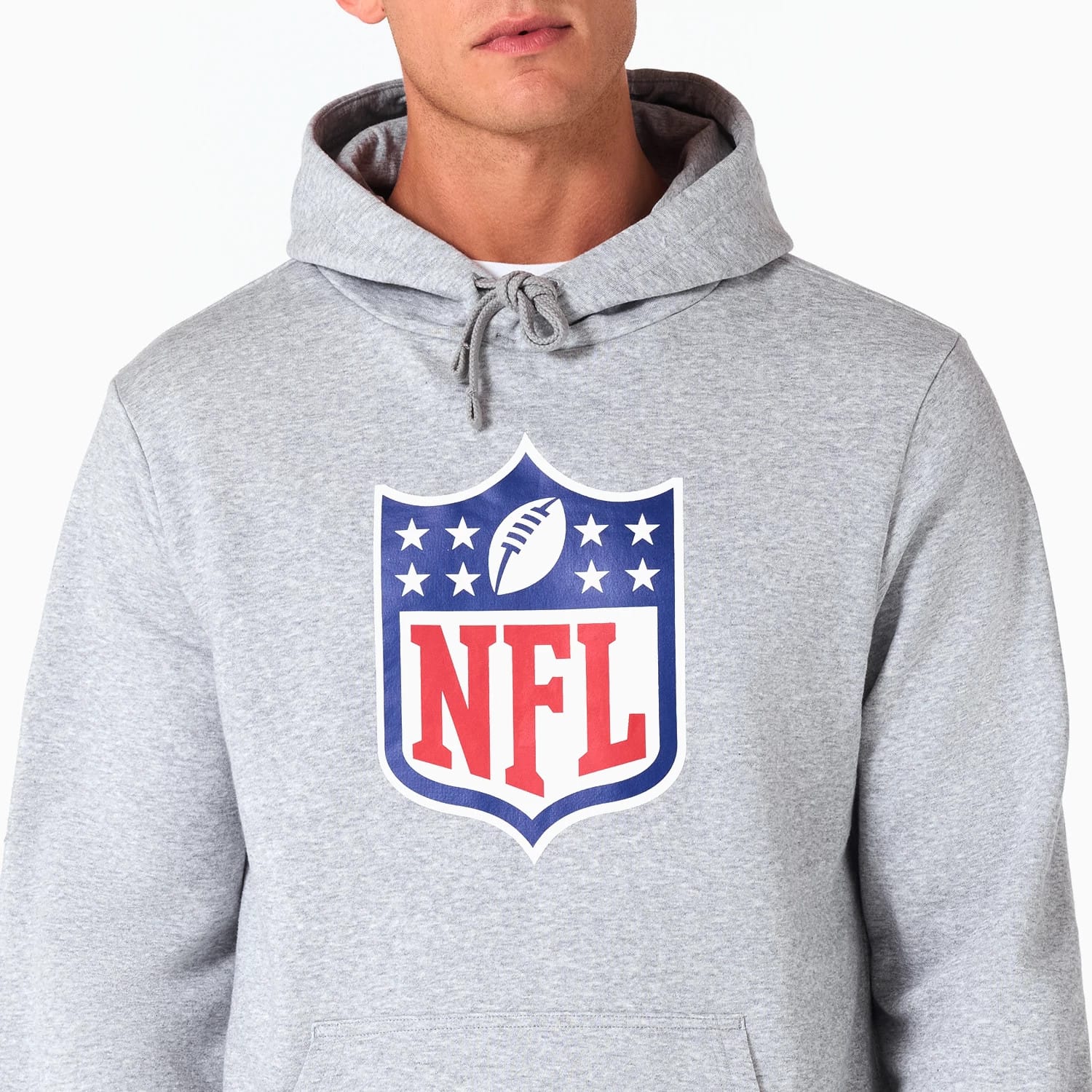 NFL Shield Logo NFL Grey Pullover Hoodie, front view showing a large printed NFL shield logo centred on the chest with drawstrings at the neck and a spacious front pocket at the bottom.