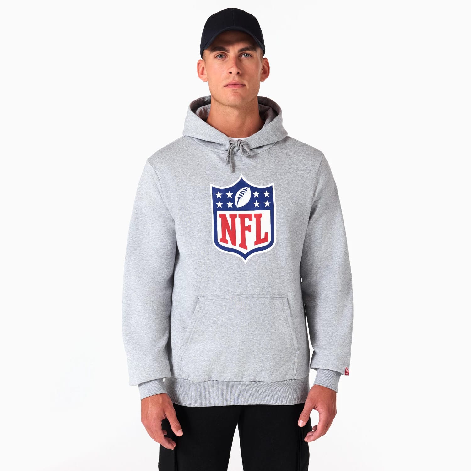 NFL Shield Logo NFL Grey Pullover Hoodie, front view showing the large blue and red NFL shield logo centred on the chest, drawstrings hanging loosely from the hood and a kangaroo pocket on the lower front.