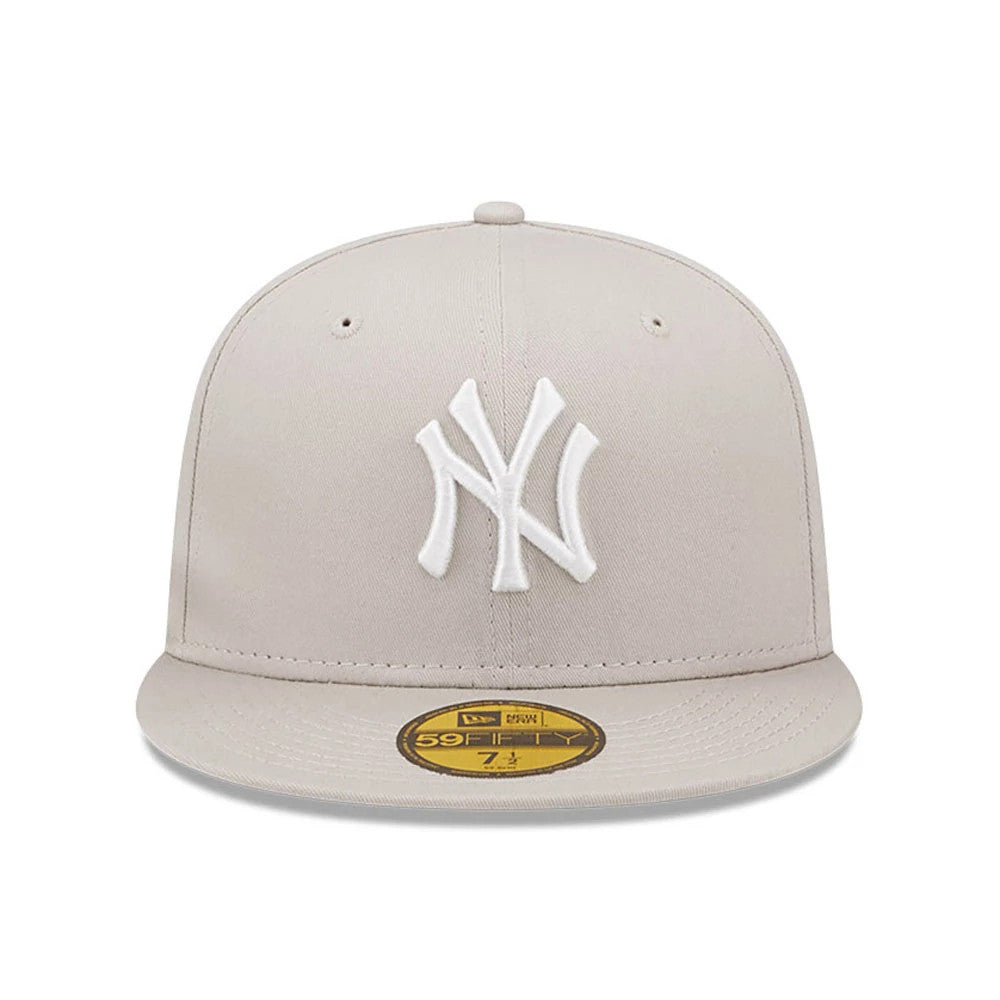 New York Yankees League Essential Stone New Era 59FIFTY Fitted Cap, front view showing the raised white Yankees logo on the front panel, with a gold 59FIFTY size sticker on the flat stone visor.