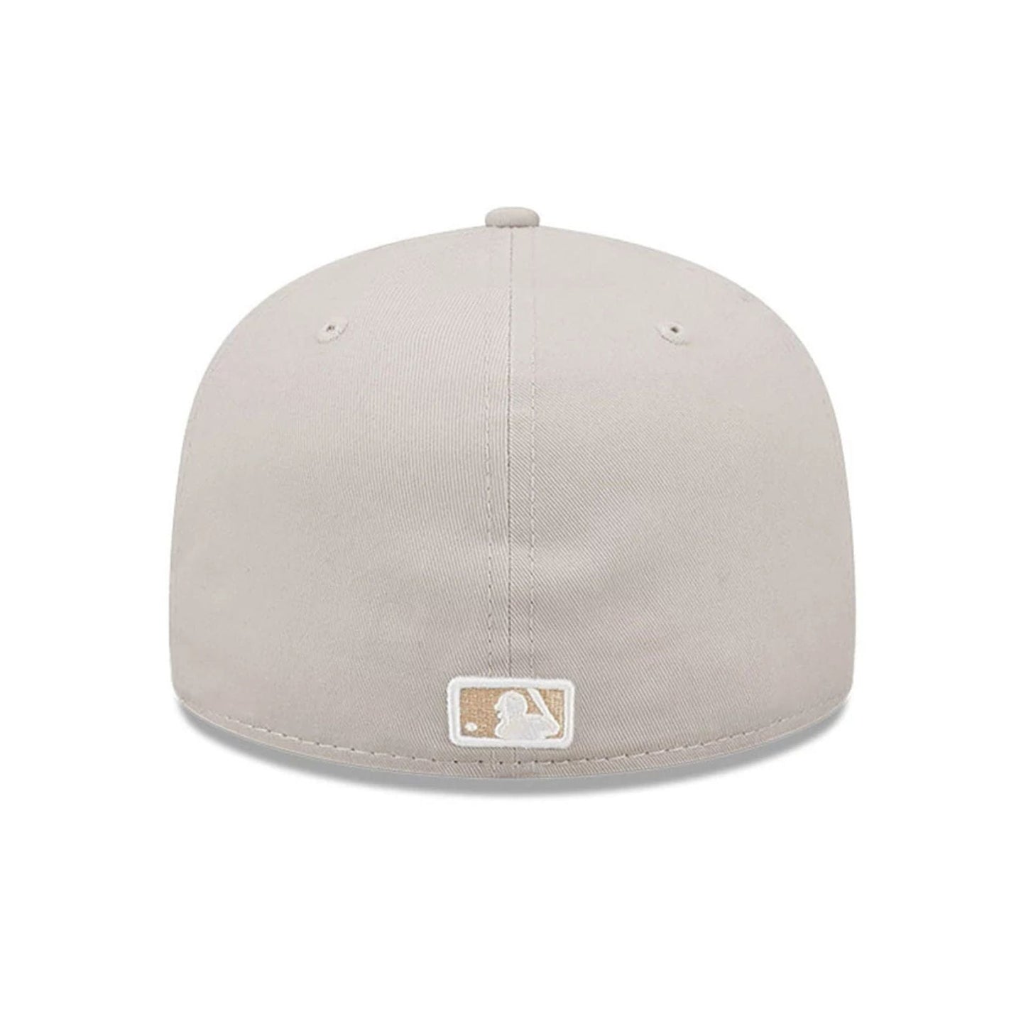 New York Yankees League Essential Stone New Era 59FIFTY Fitted Cap, rear view showing the white and stone MLB Batterman logo centred on the back panel beneath the top button on the stone coloured crown.