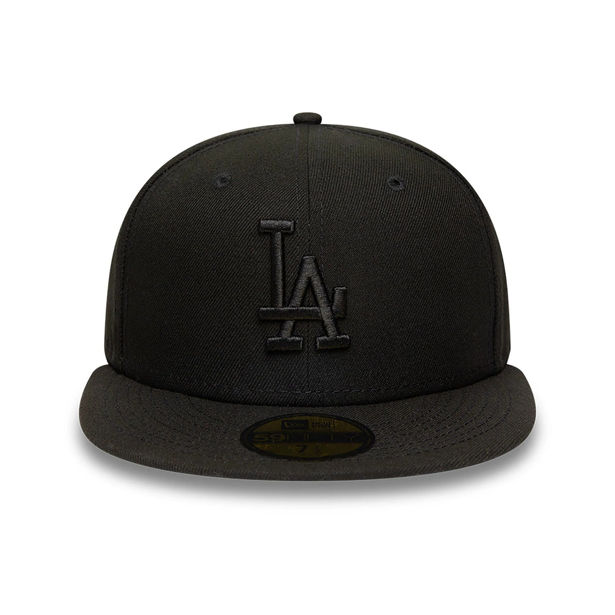 LA Dodgers MLB Black on Black New Era 59FIFTY Fitted Cap, front view showing the raised black LA logo embroidered on the front panel, with a gold 59FIFTY size sticker on the flat black visor.