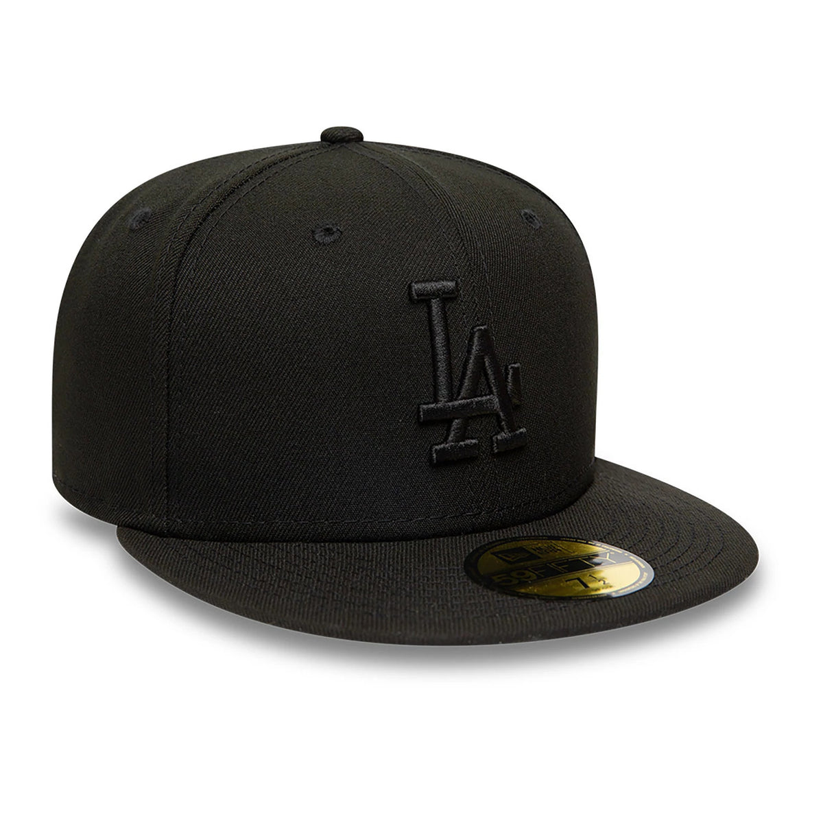 LA Dodgers MLB Black on Black New Era 59FIFTY Fitted Cap, front view showing the raised black LA logo in embroidery on the front panel, and a curved black visor with a gold 59FIFTY size sticker on top.