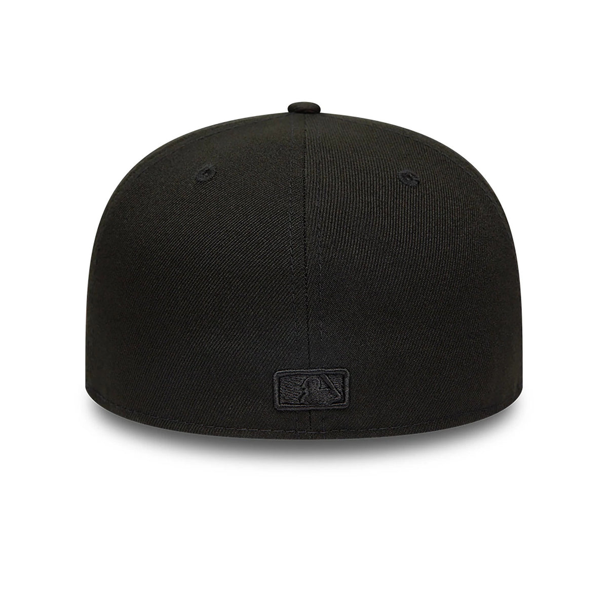 LA Dodgers MLB Black on Black New Era 59FIFTY Fitted Cap, rear view showing the black embroidered MLB Batterman logo at the centre of the back panels beneath the top button on the curved black crown.