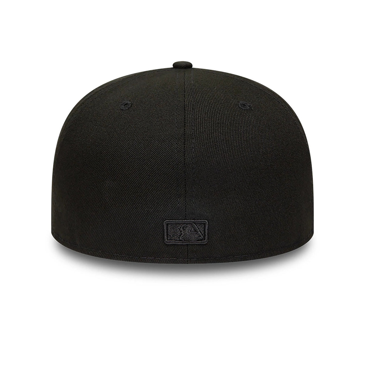 Chicago White Sox MLB Black on Black New Era 59FIFTY Fitted Cap, rear view showing the black embroidered MLB Batterman logo at the centre of the back panels, with a structured black crown and matching eyelets.