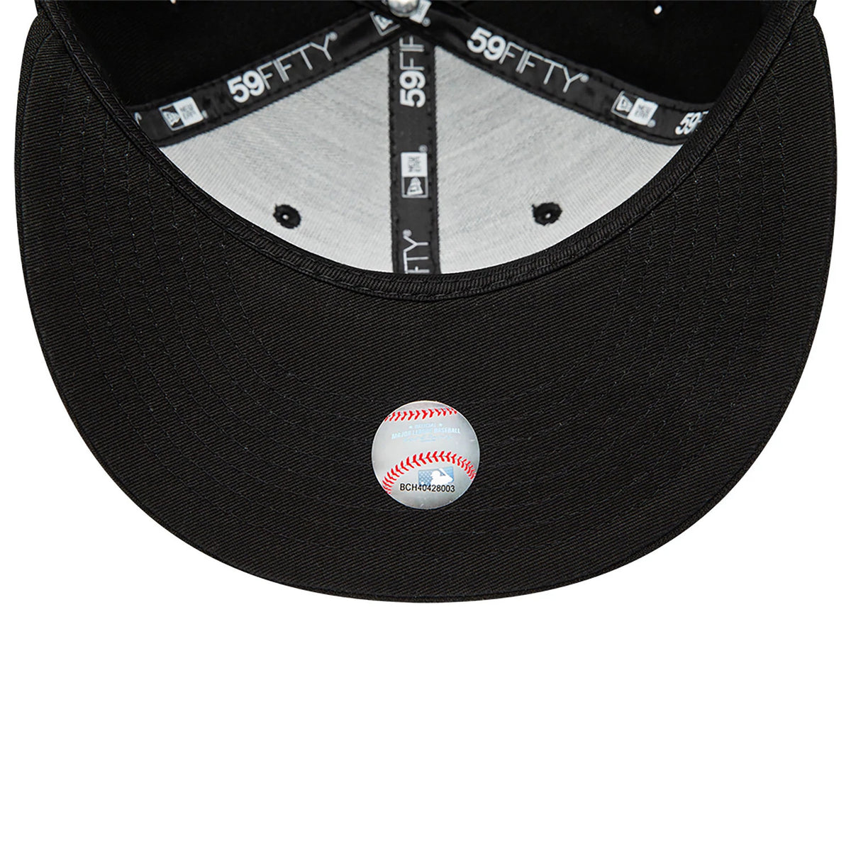 Chicago White Sox MLB Black on Black New Era 59FIFTY Fitted Cap, inside view showing black taping with white 59FIFTY text, New Era logos, black sweatband, and underside of the black visor with a baseball sticker.