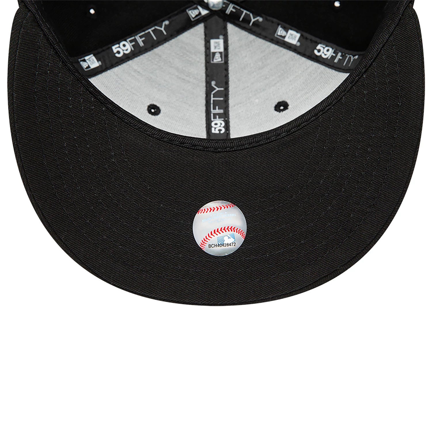 Detroit Tigers MLB Black on Black New Era 59FIFTY Fitted Cap, inside view showing black 59FIFTY taping, grey sweatband, black undervisor, and a round baseball badge on the underside of the visor.