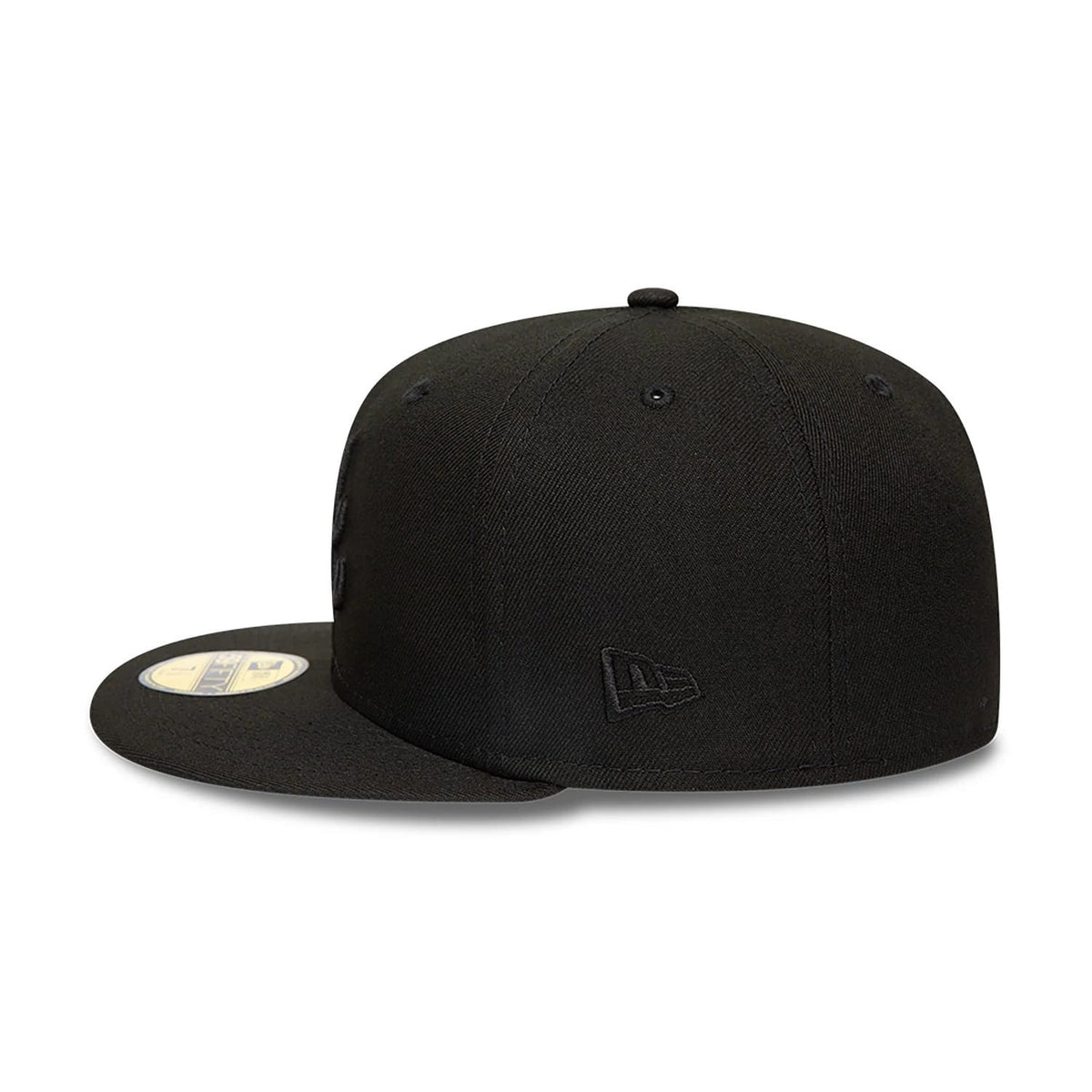 Atlanta Braves MLB Black on Black New Era 59FIFTY Fitted Cap, side view with the black New Era flag logo on the left side and a flat black visor featuring the gold 59FIFTY size sticker.